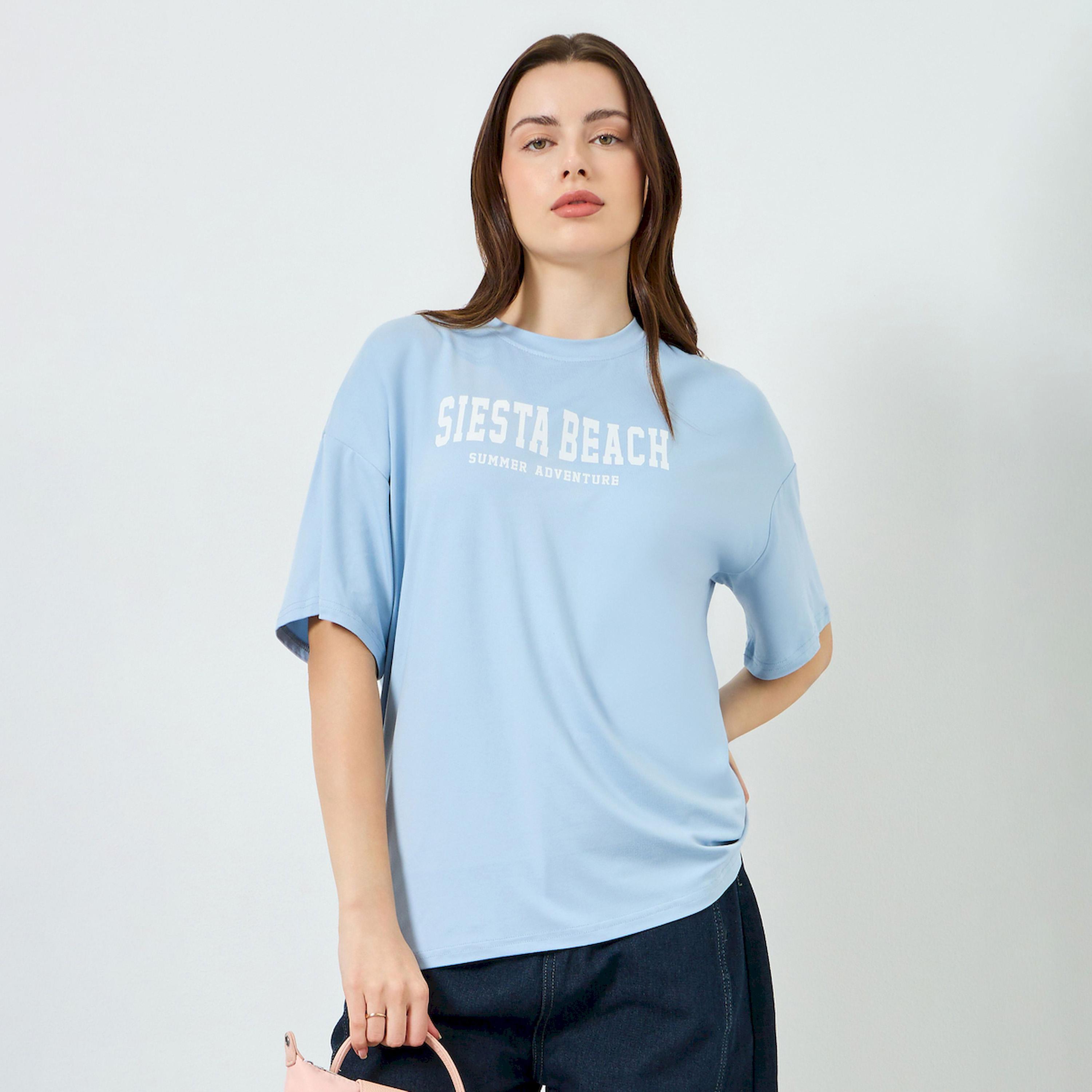Styli Burgundy Slogan Print Oversized T-Shirt-women-clothing-tshirts-image-1