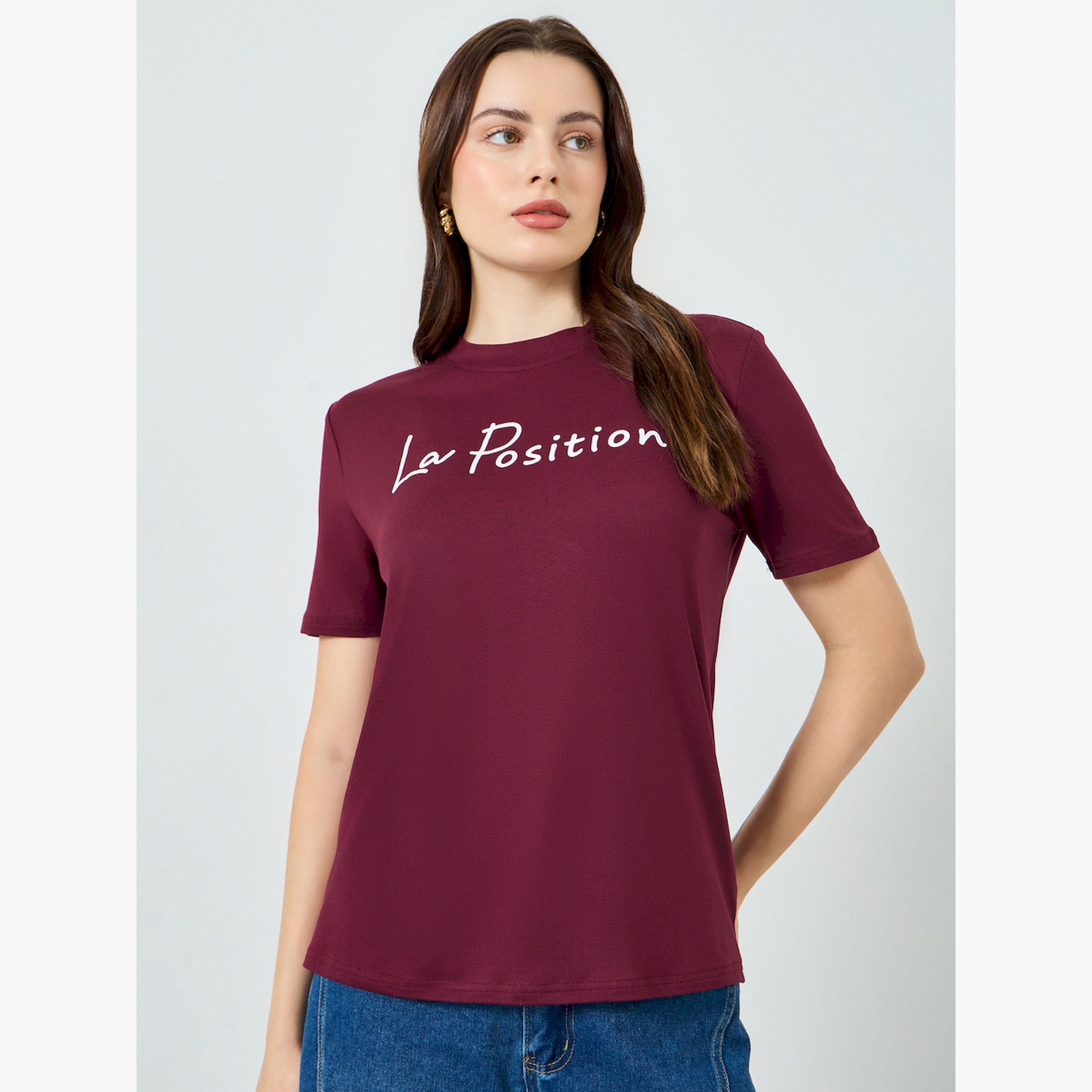 Styli Burgundy Slogan Print Regular Fit T-Shirt-women-clothing-tshirts-image-1