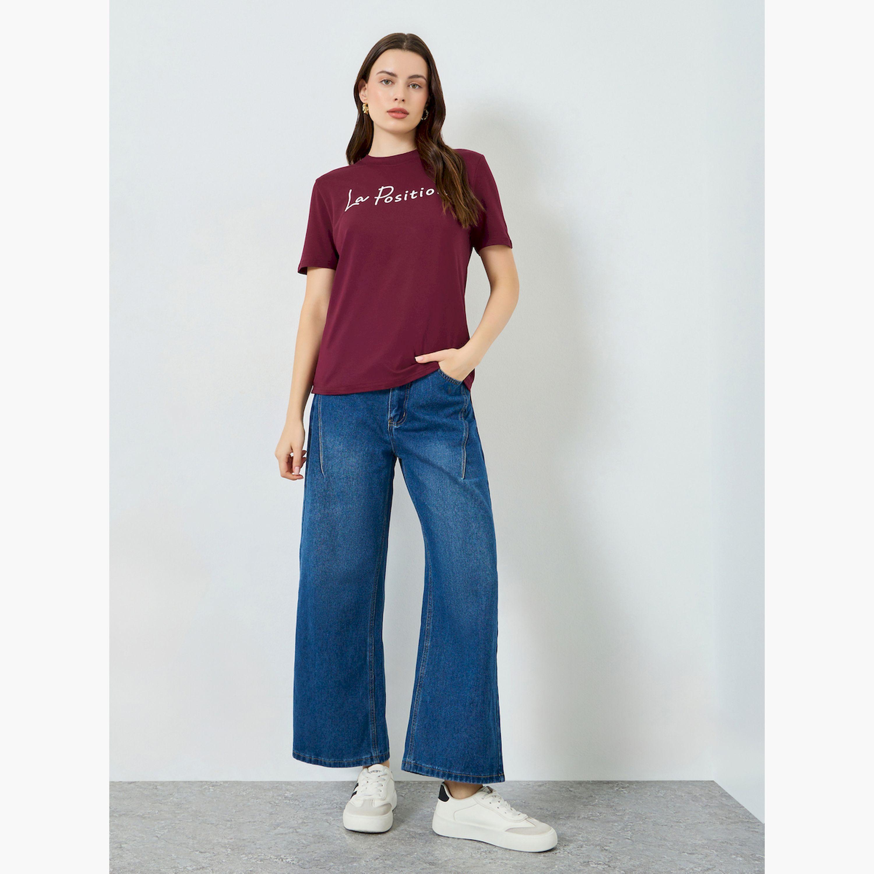 Styli Burgundy Slogan Print Regular Fit T-Shirt-women-clothing-tshirts-image-2