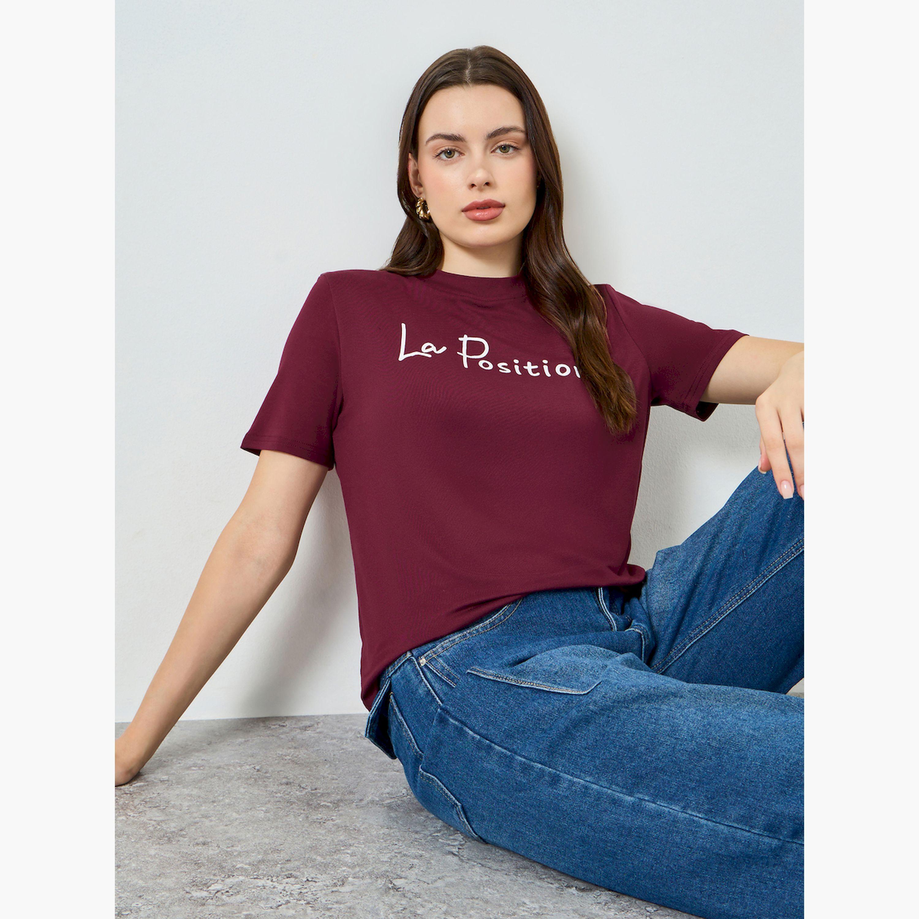 Styli Burgundy Slogan Print Regular Fit T-Shirt-women-clothing-tshirts-image-3