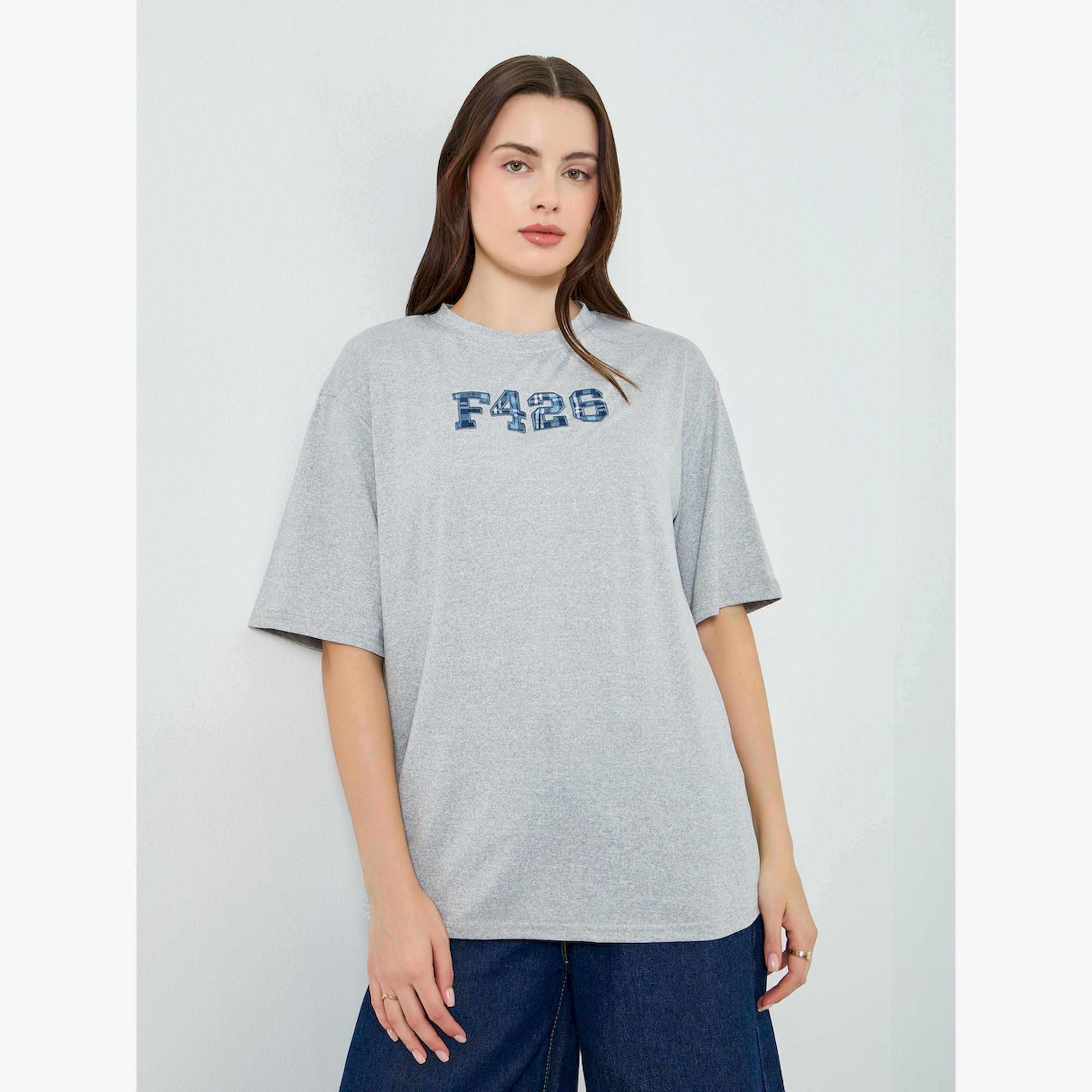 Styli Grey Check Embroidered Oversized T-Shirt-women-clothing-tshirts-image-1
