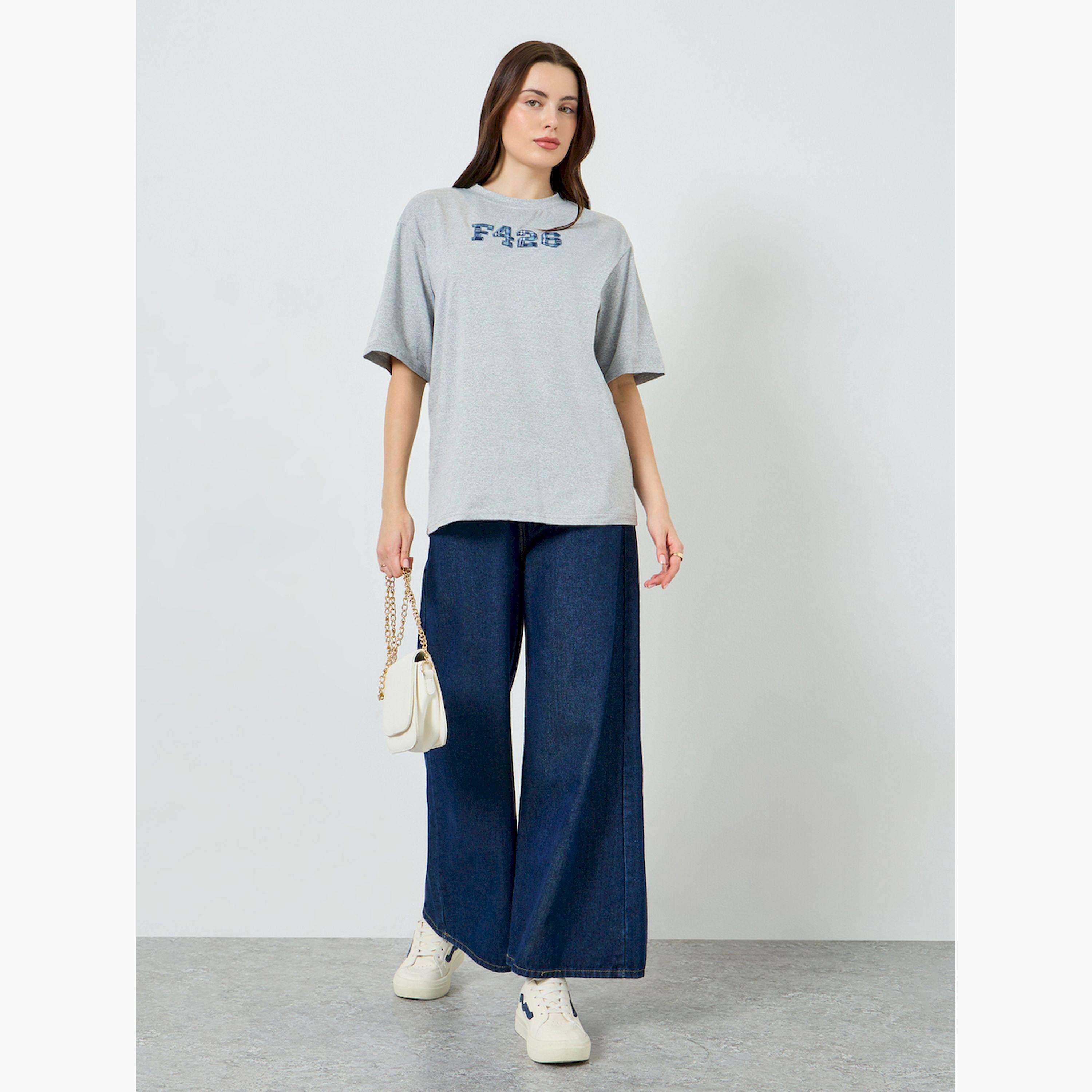 Styli Grey Check Embroidered Oversized T-Shirt-women-clothing-tshirts-image-2