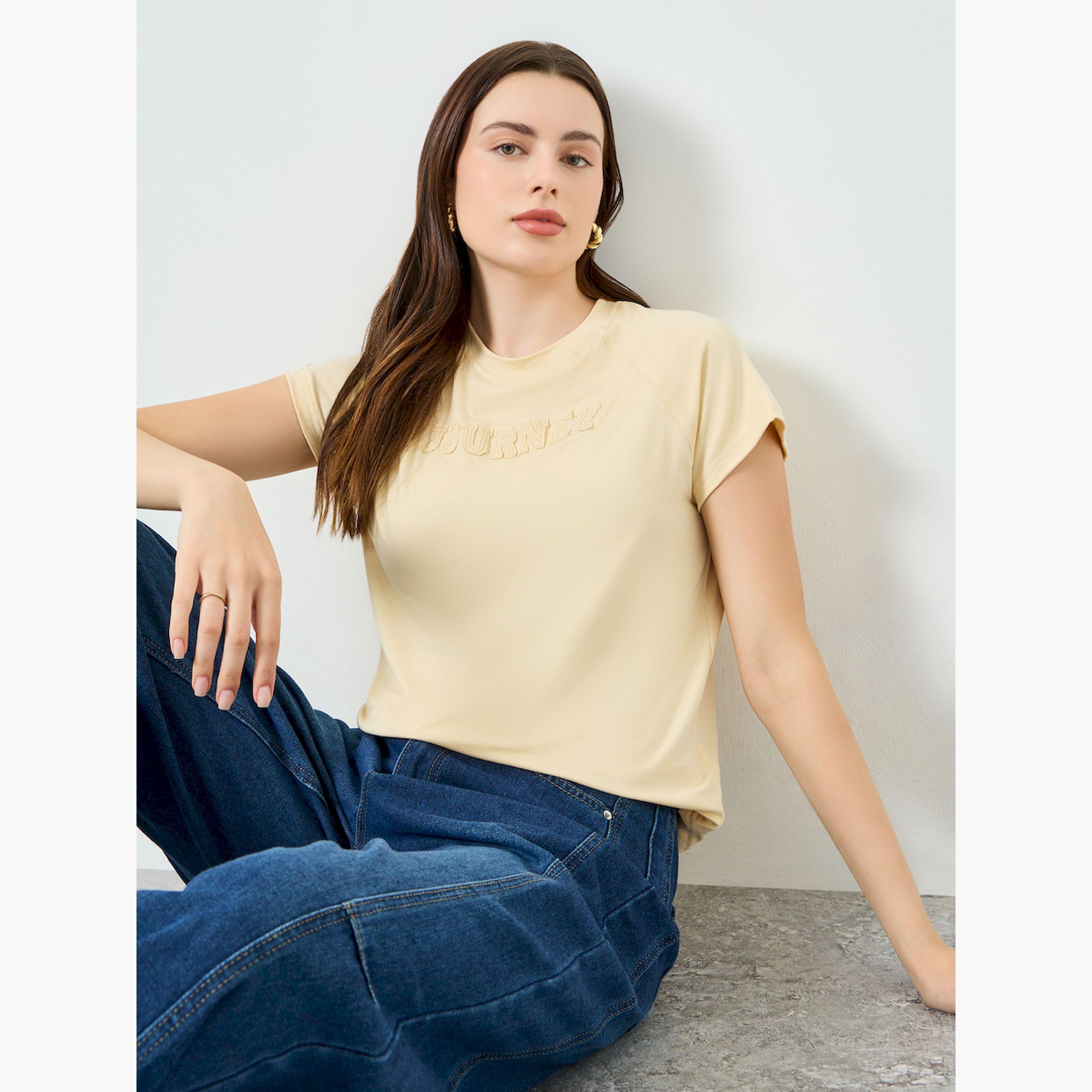 Styli Yellow Embroidered Patch Raglan T-Shirt-women-clothing-tshirts-image-3