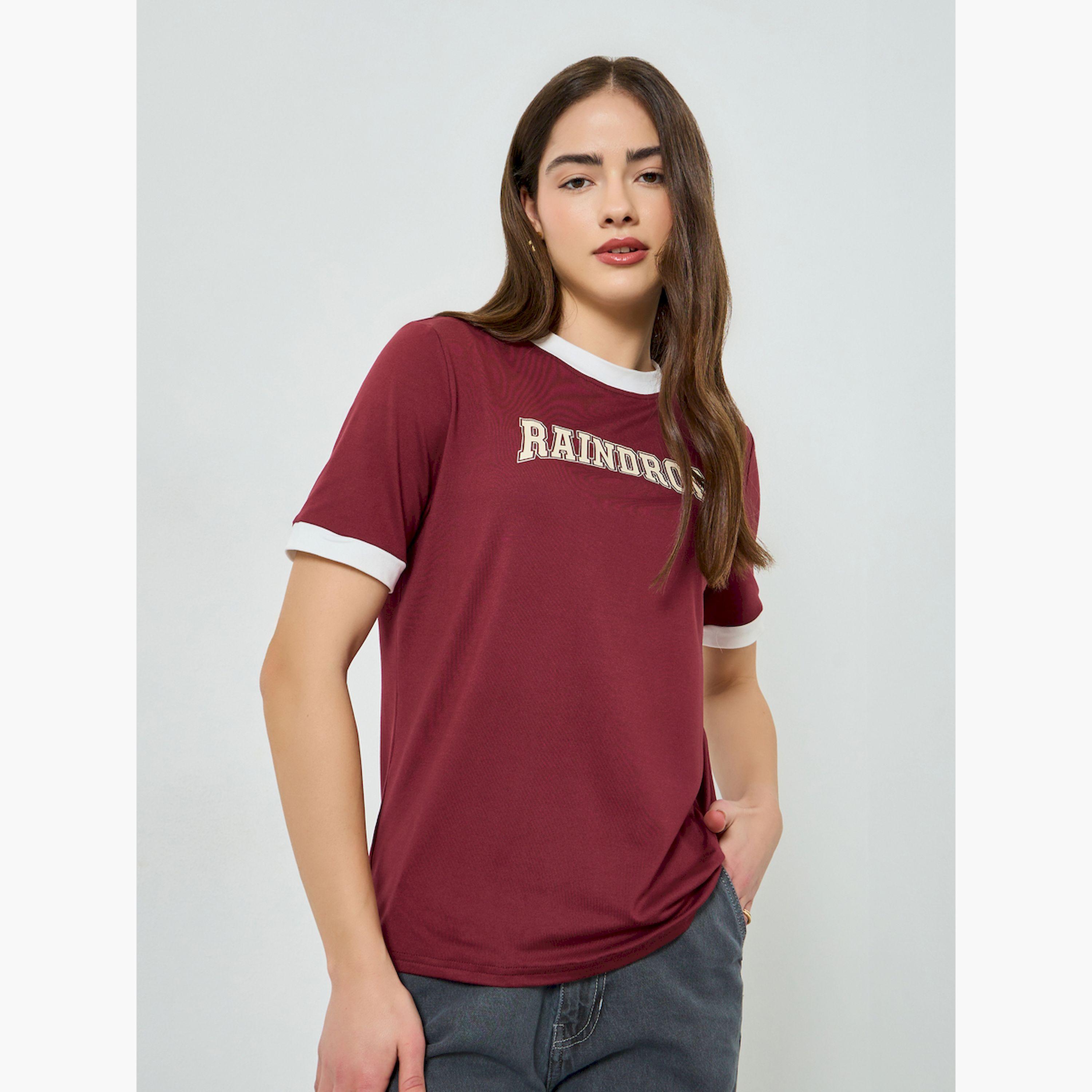 Styli Burgundy Slogan Ringer T-Shirt-women-clothing-tshirts-image-1