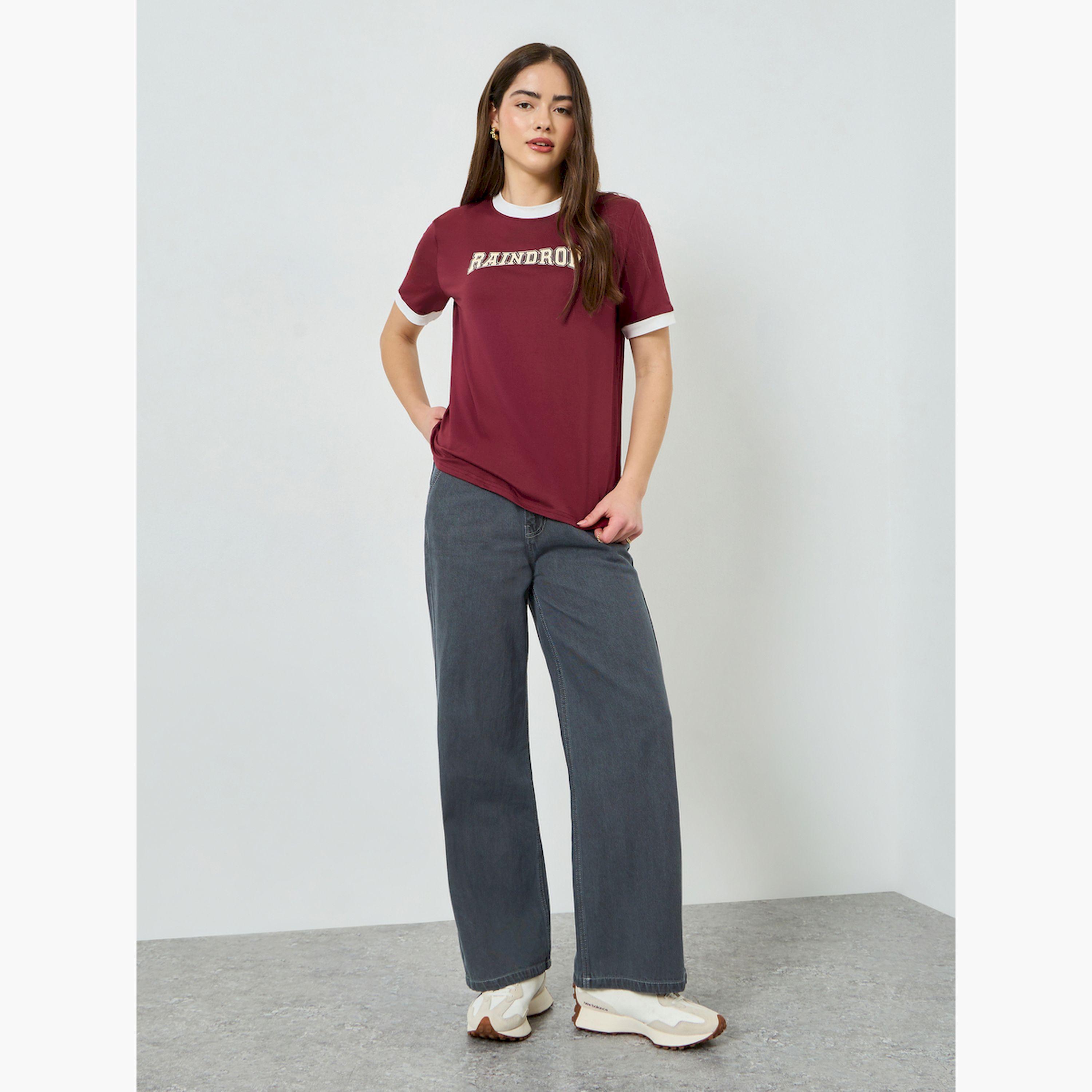 Styli Burgundy Slogan Ringer T-Shirt-women-clothing-tshirts-image-2