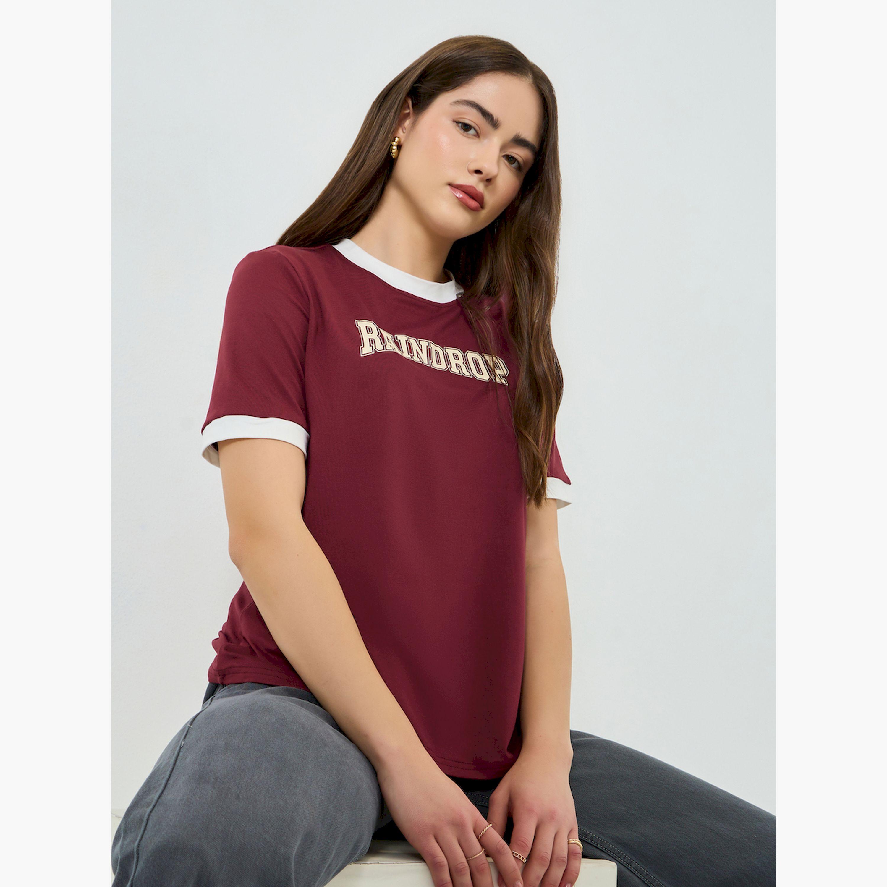 Styli Burgundy Slogan Ringer T-Shirt-women-clothing-tshirts-image-3