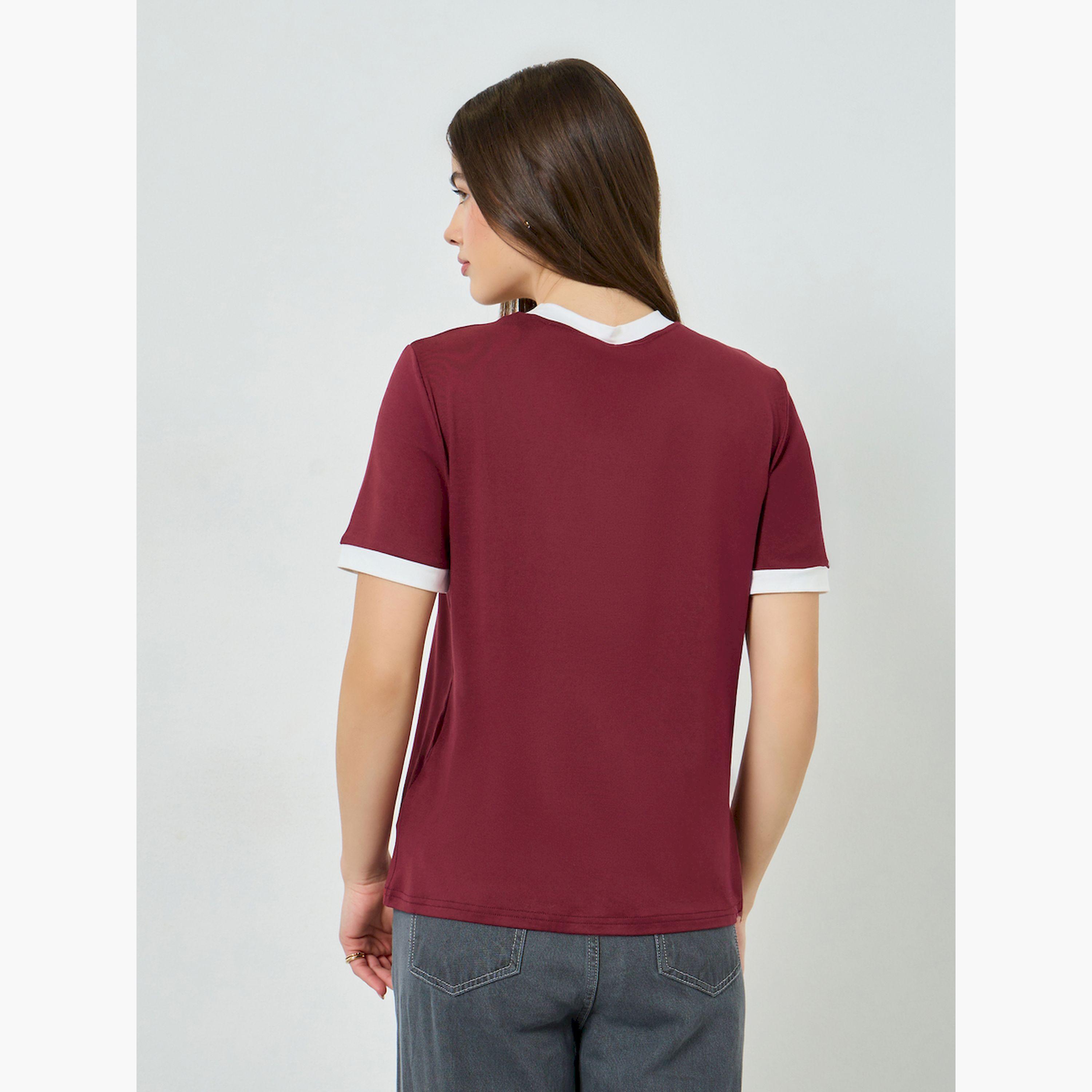Styli Burgundy Slogan Ringer T-Shirt-women-clothing-tshirts-image-4