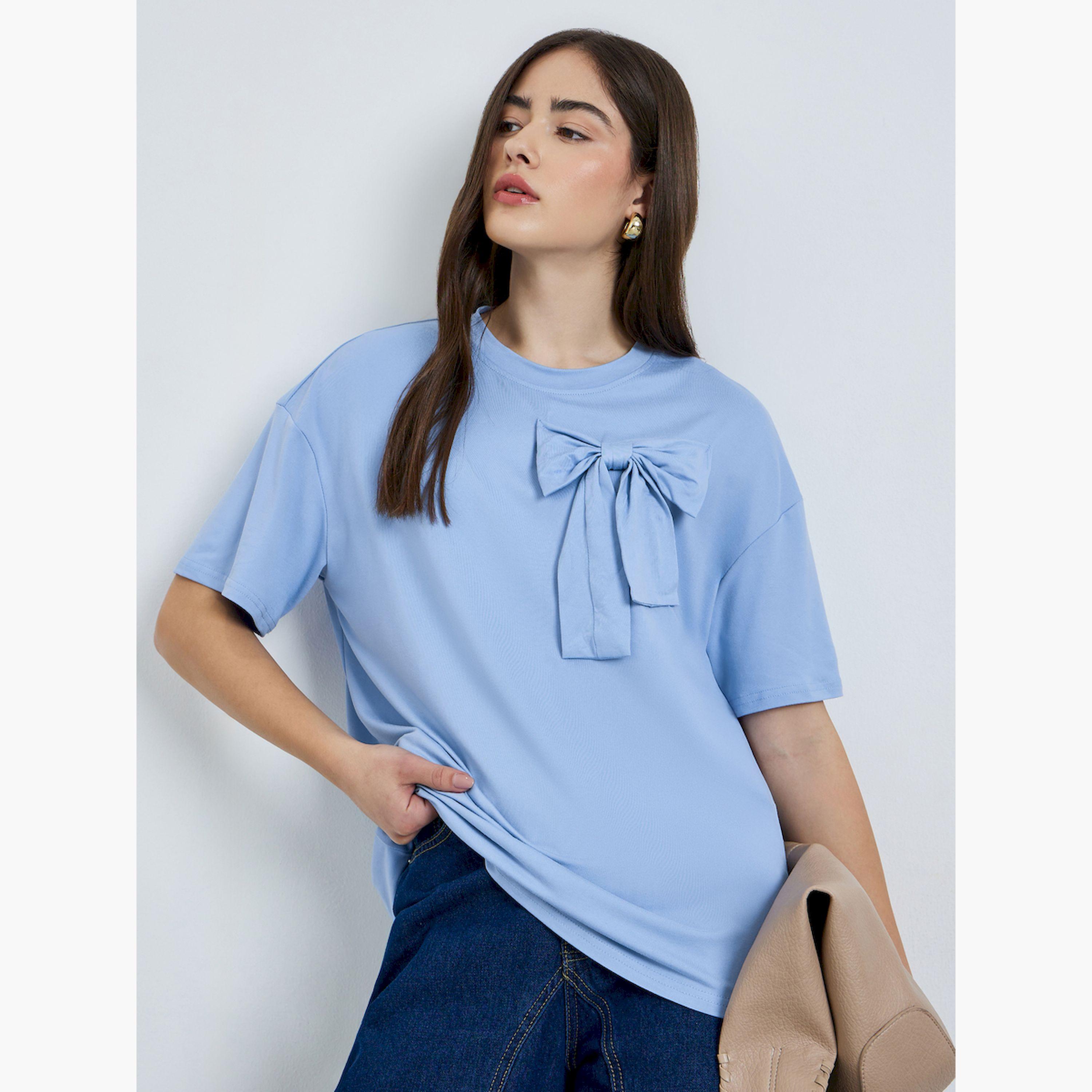 Styli Blue Bow-Detail Oversized T-Shirt-women-clothing-tshirts-image-1
