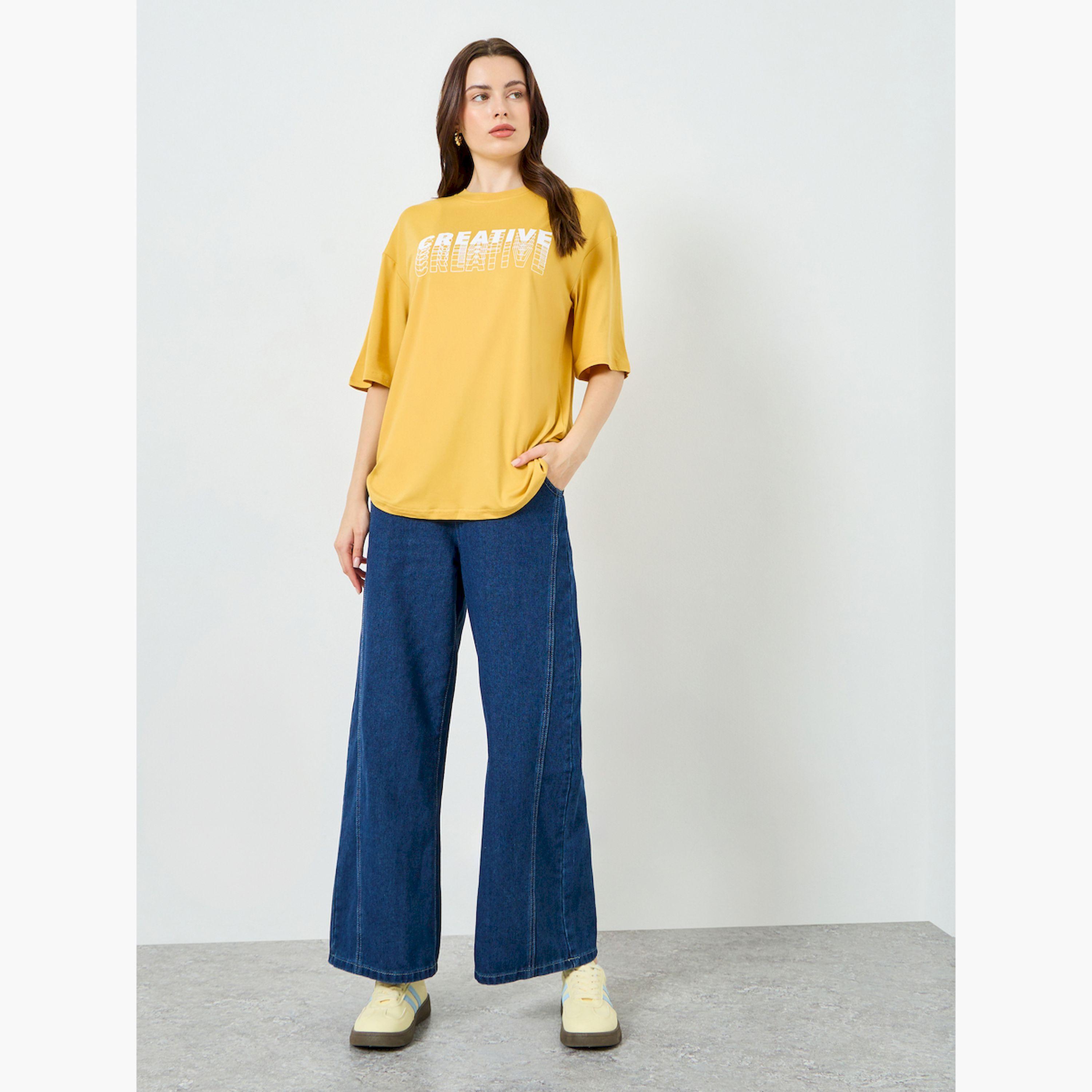 Styli Yellow Round Neck Oversized T-Shirt-women-clothing-tshirts-image-2