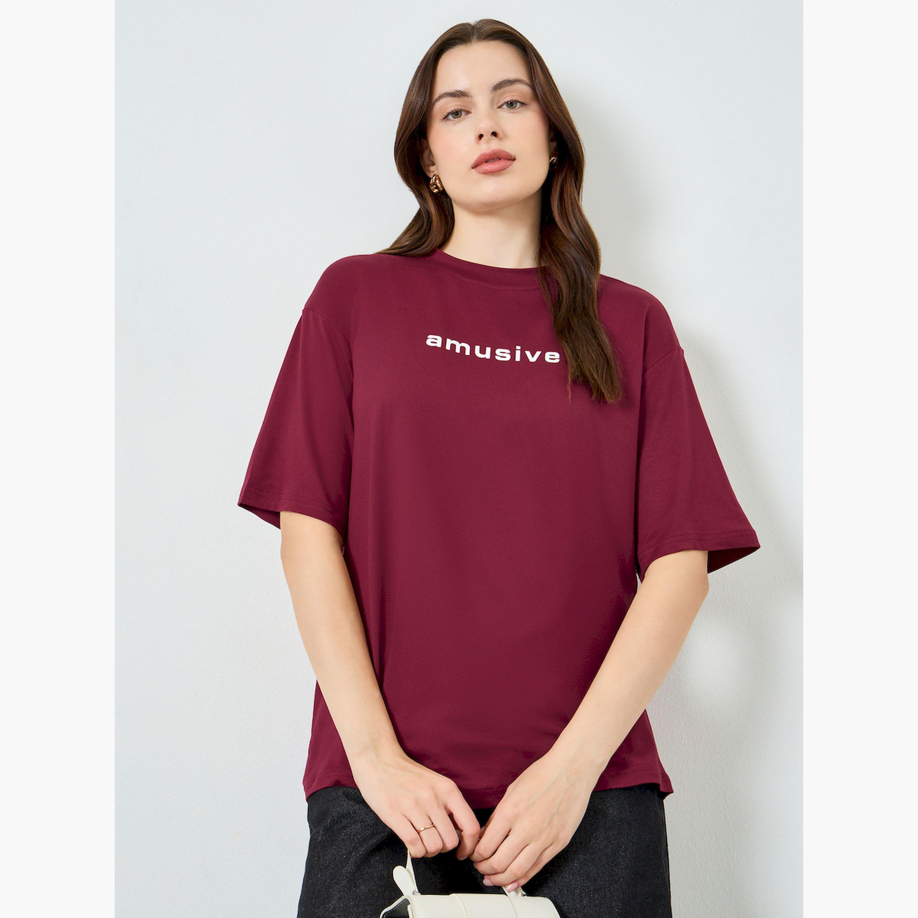 Styli Burgundy Slogan Print Oversized T-Shirt-women-clothing-tshirts-image-1