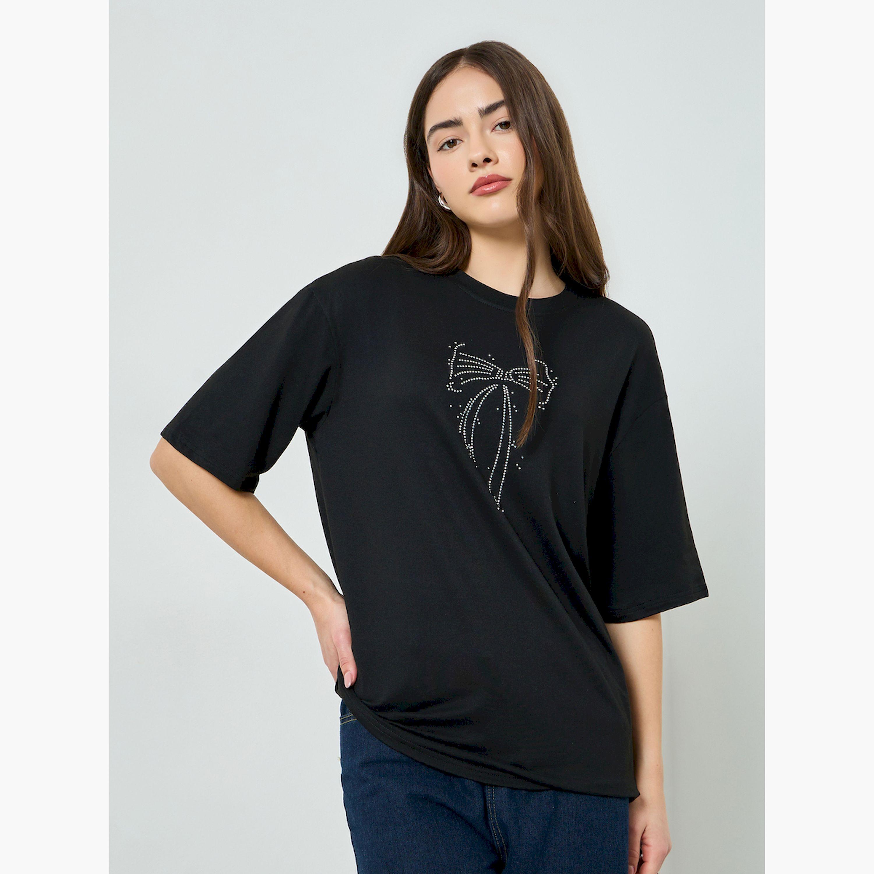 Styli Black Studded Bow Detail Oversized T-Shirt-women-clothing-tshirts-image-1