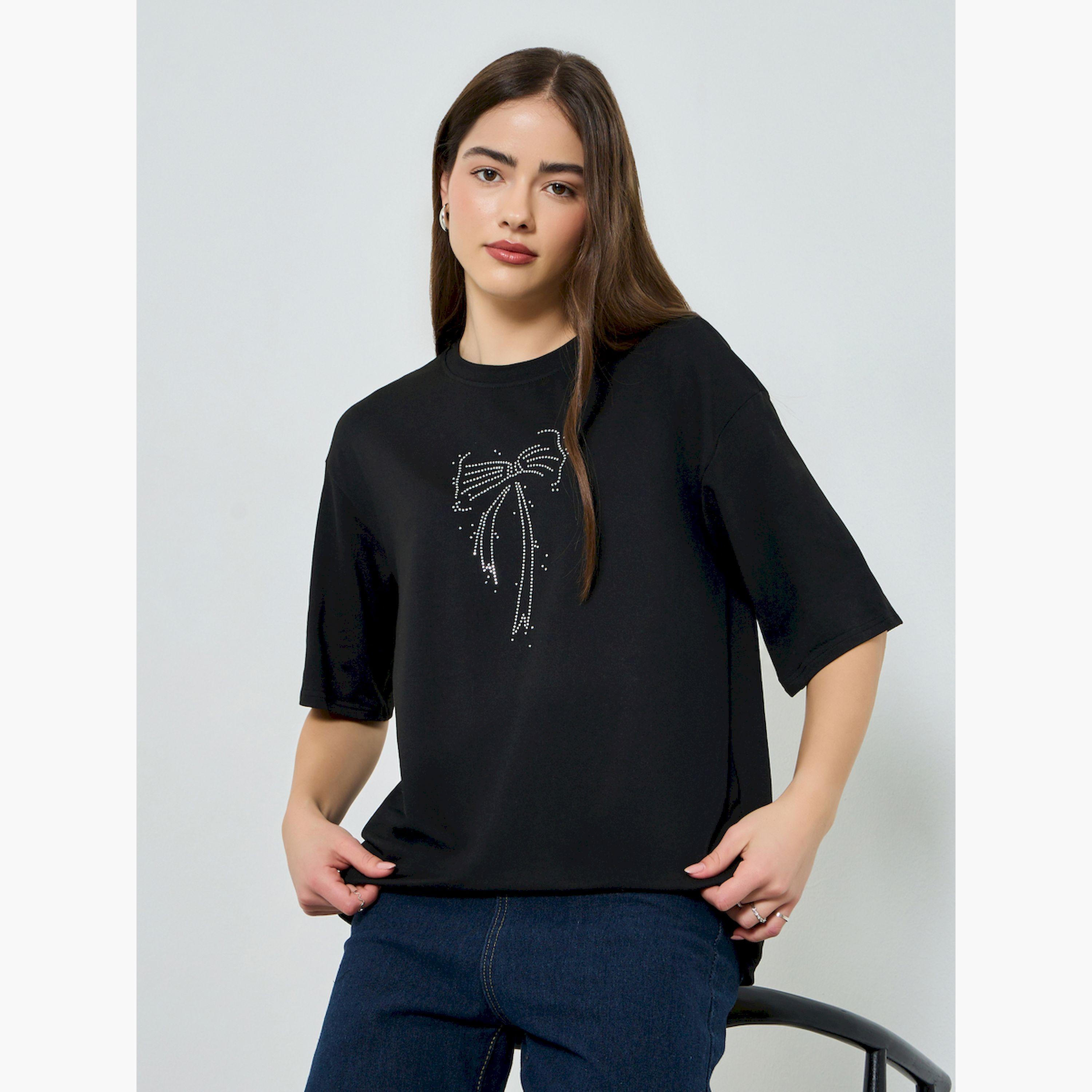 Styli Black Studded Bow Detail Oversized T-Shirt-women-clothing-tshirts-image-3