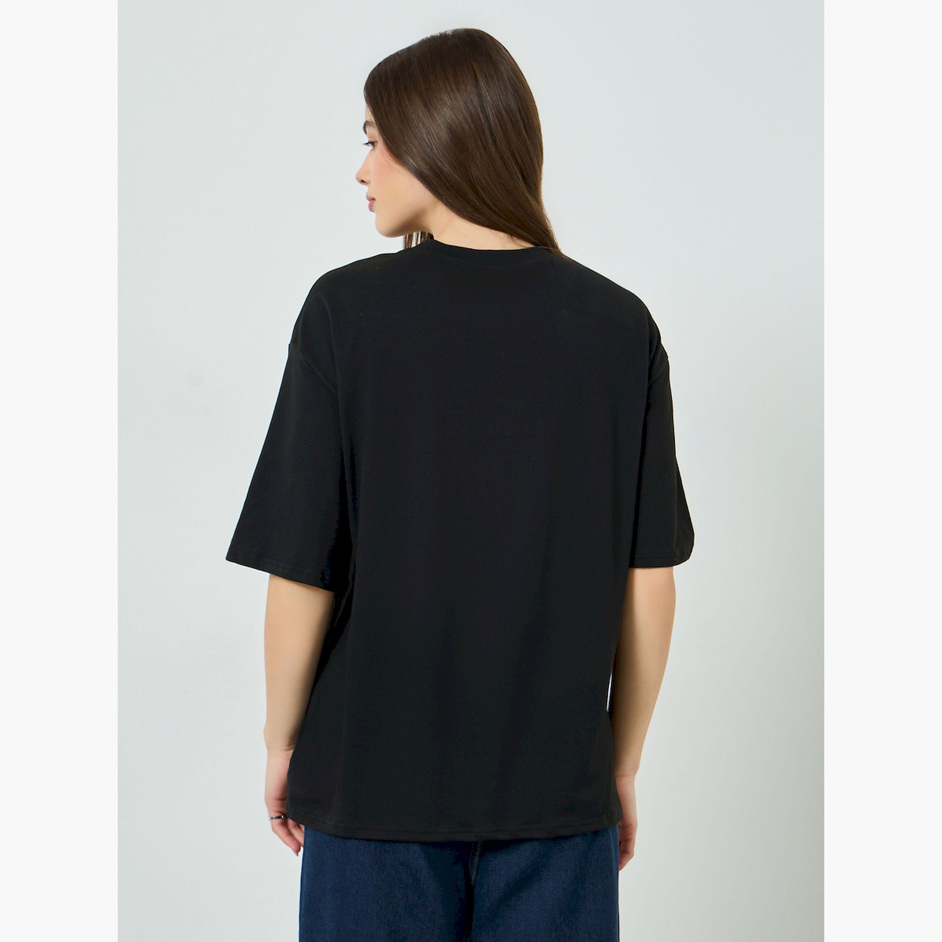Styli Black Studded Bow Detail Oversized T-Shirt-women-clothing-tshirts-image-4