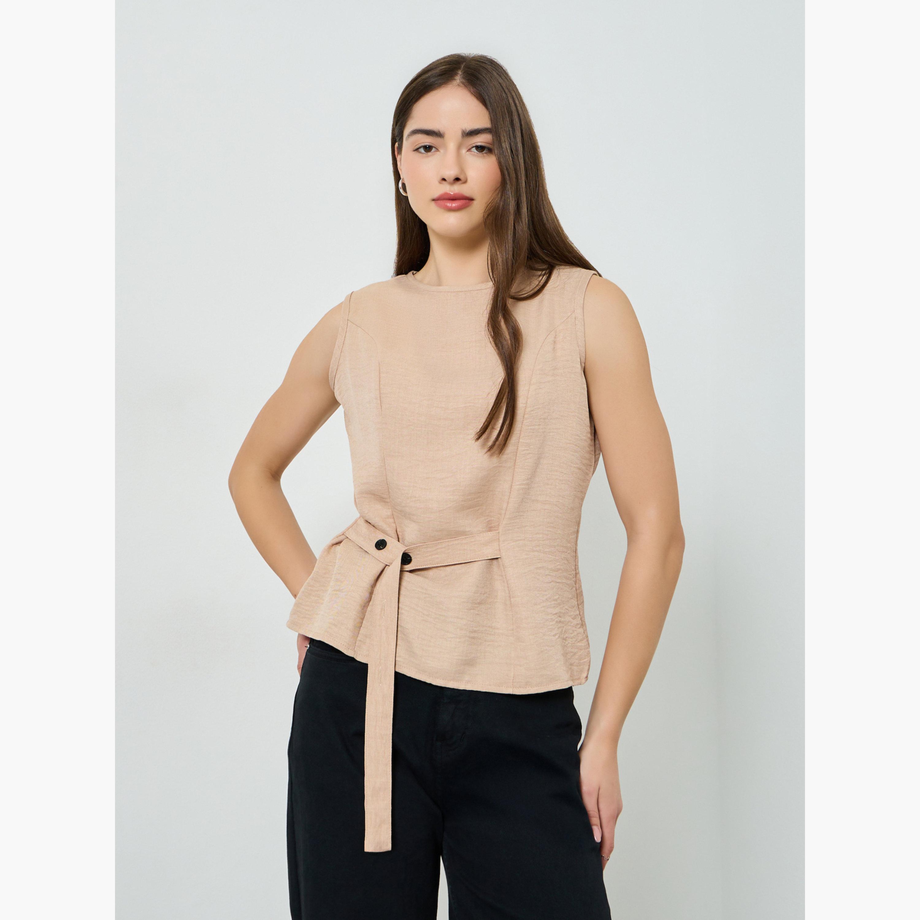 Styli Beige Sleeveless Top with Button Belt-women-clothing-shirtsandblouses-blouses-image-1