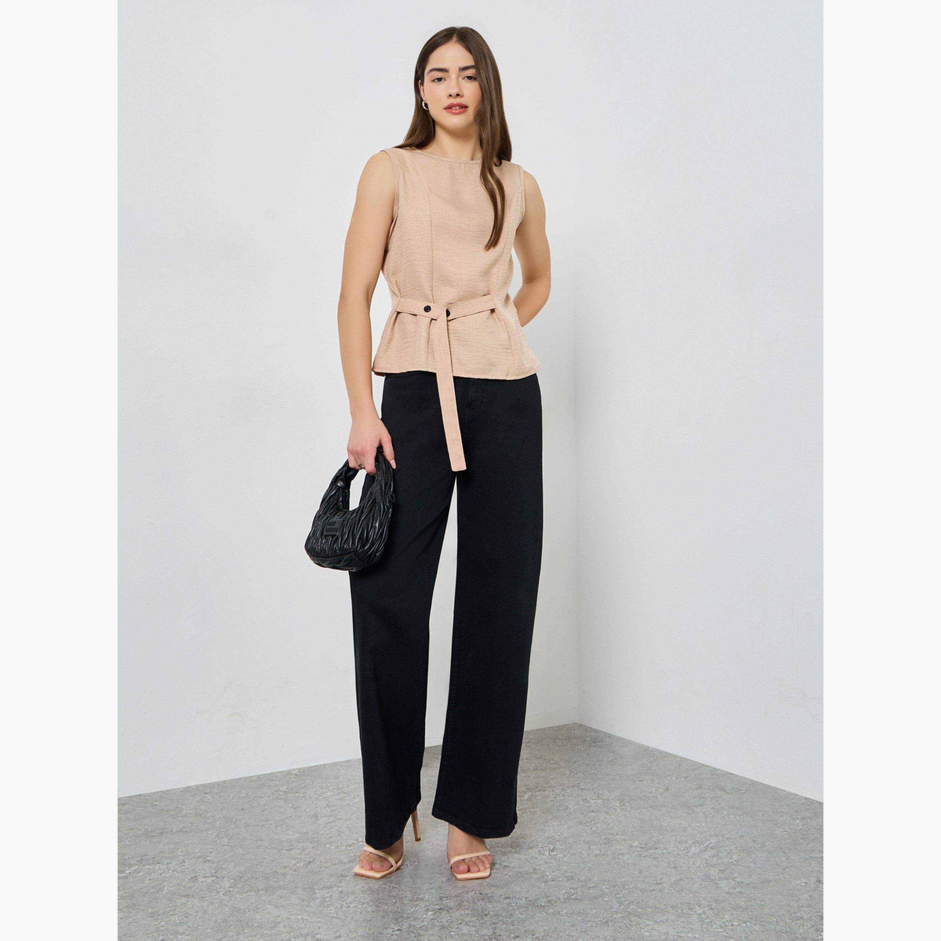 Styli Beige Sleeveless Top with Button Belt-women-clothing-shirtsandblouses-blouses-image-2