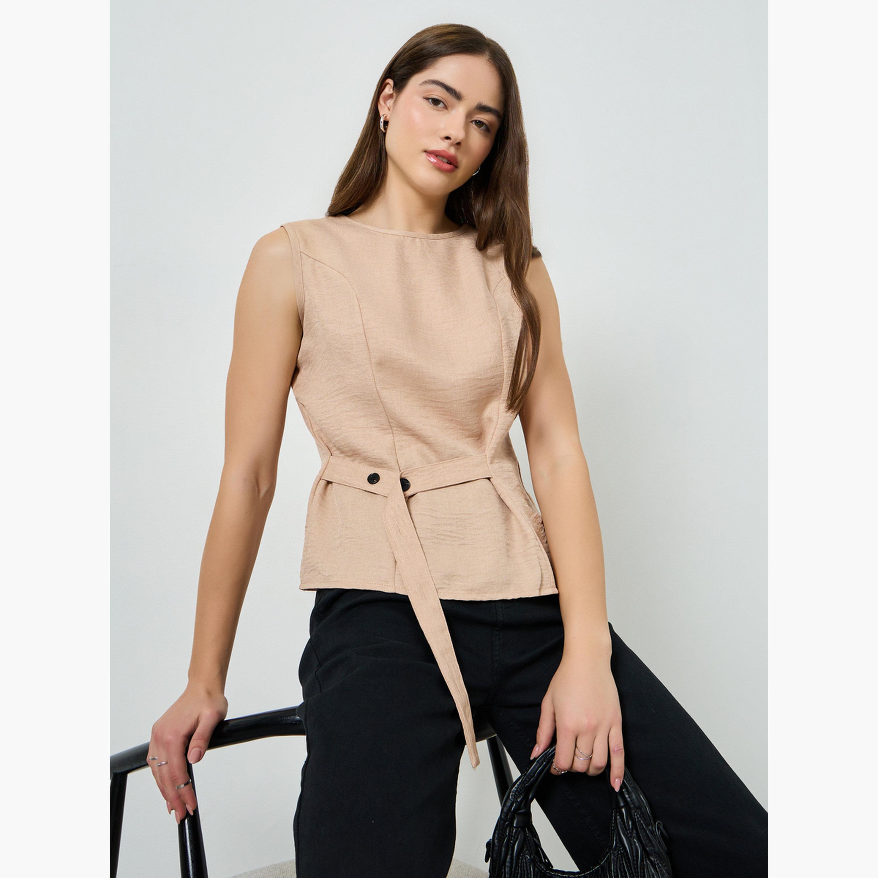 Styli Beige Sleeveless Top with Button Belt-women-clothing-shirtsandblouses-blouses-image-3