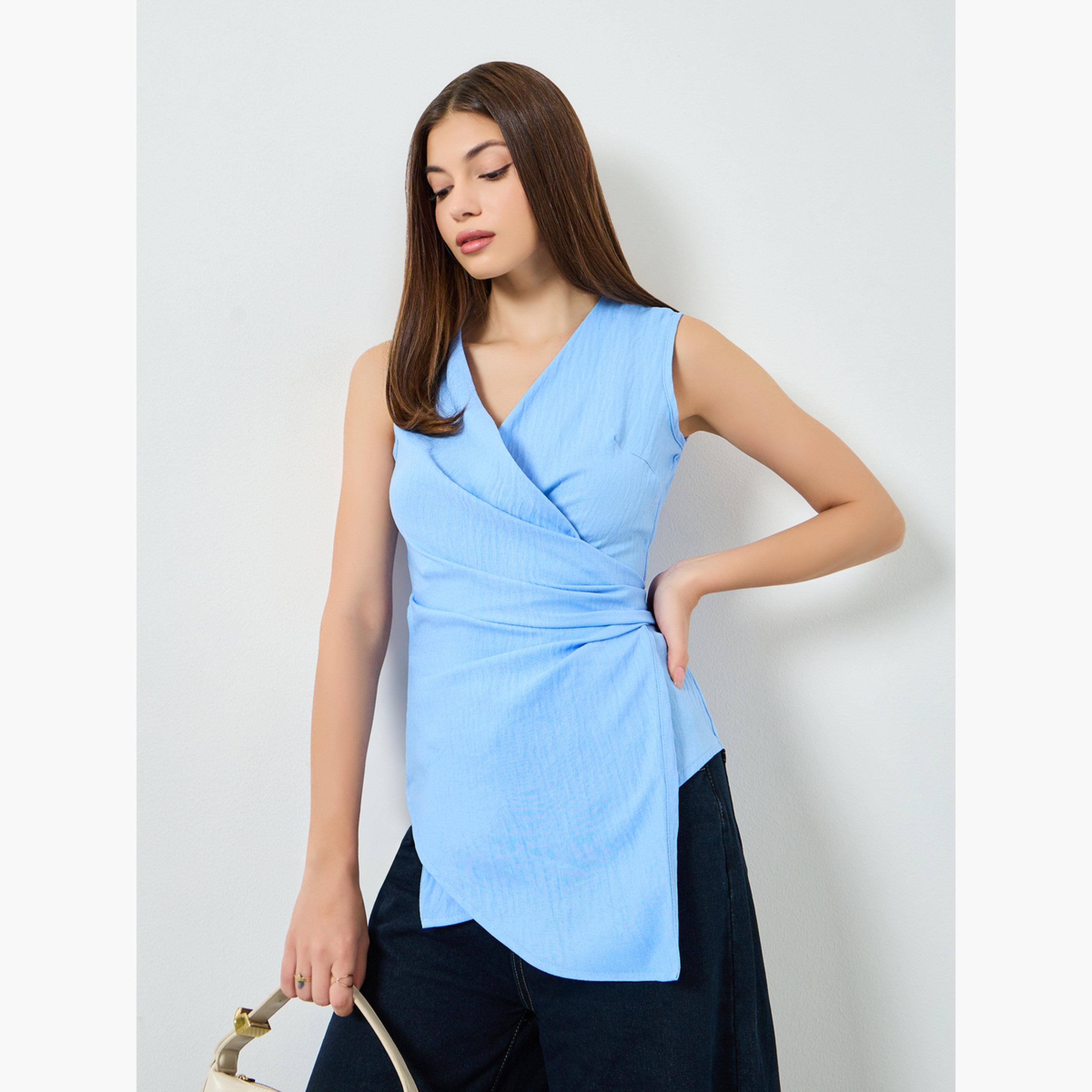 ستايلي - بلوزة  بدون أكمام ملفوفة  لون أزرق-women-clothing-shirtsandblouses-blouses-image-1