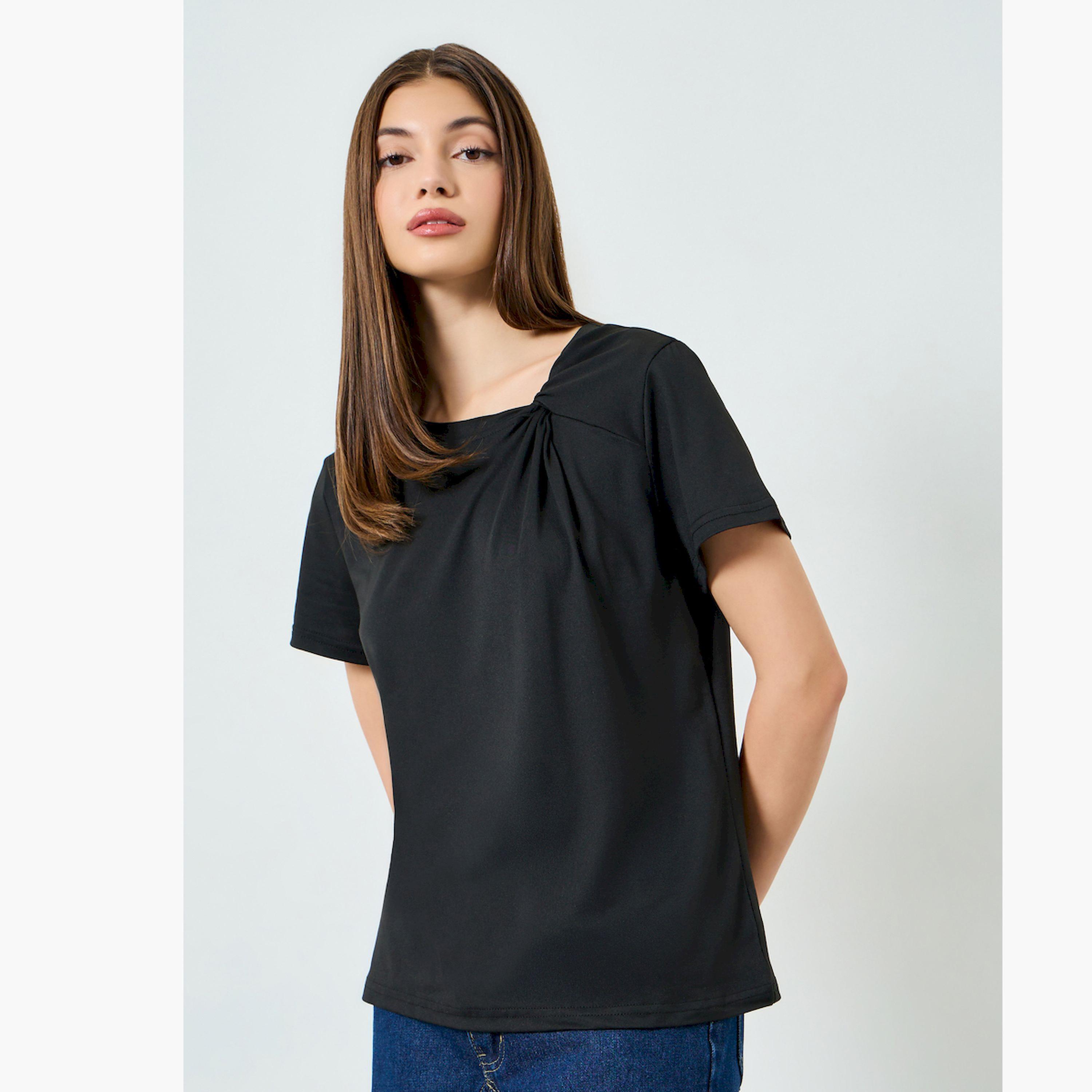 Styli Black Asymmetric Neck Knit T-Shirt-women-clothing-tshirts-image-1