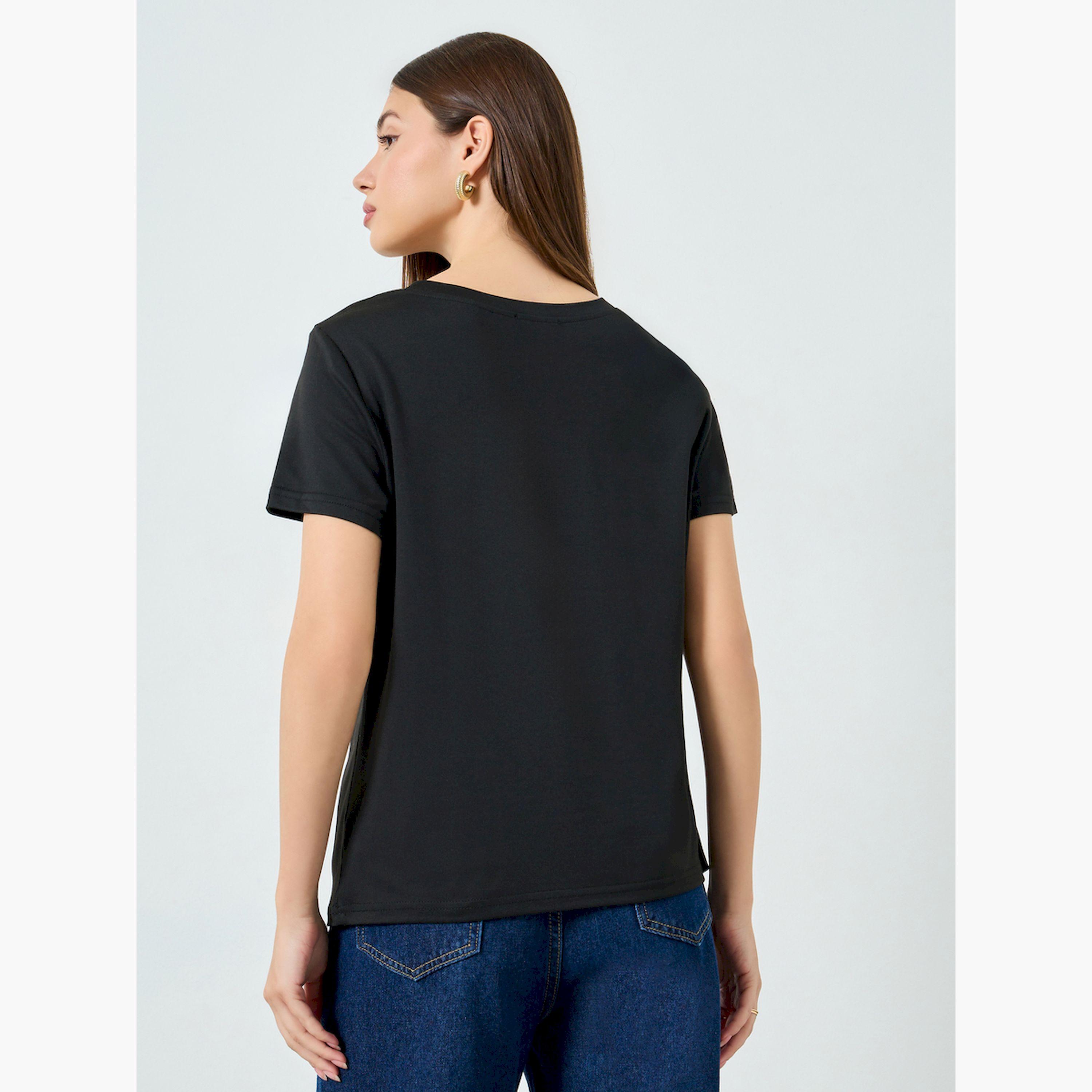ستايلي - تيشيرت أسود محبوك ياقة غير متماثلة-women-clothing-tshirts-image-4