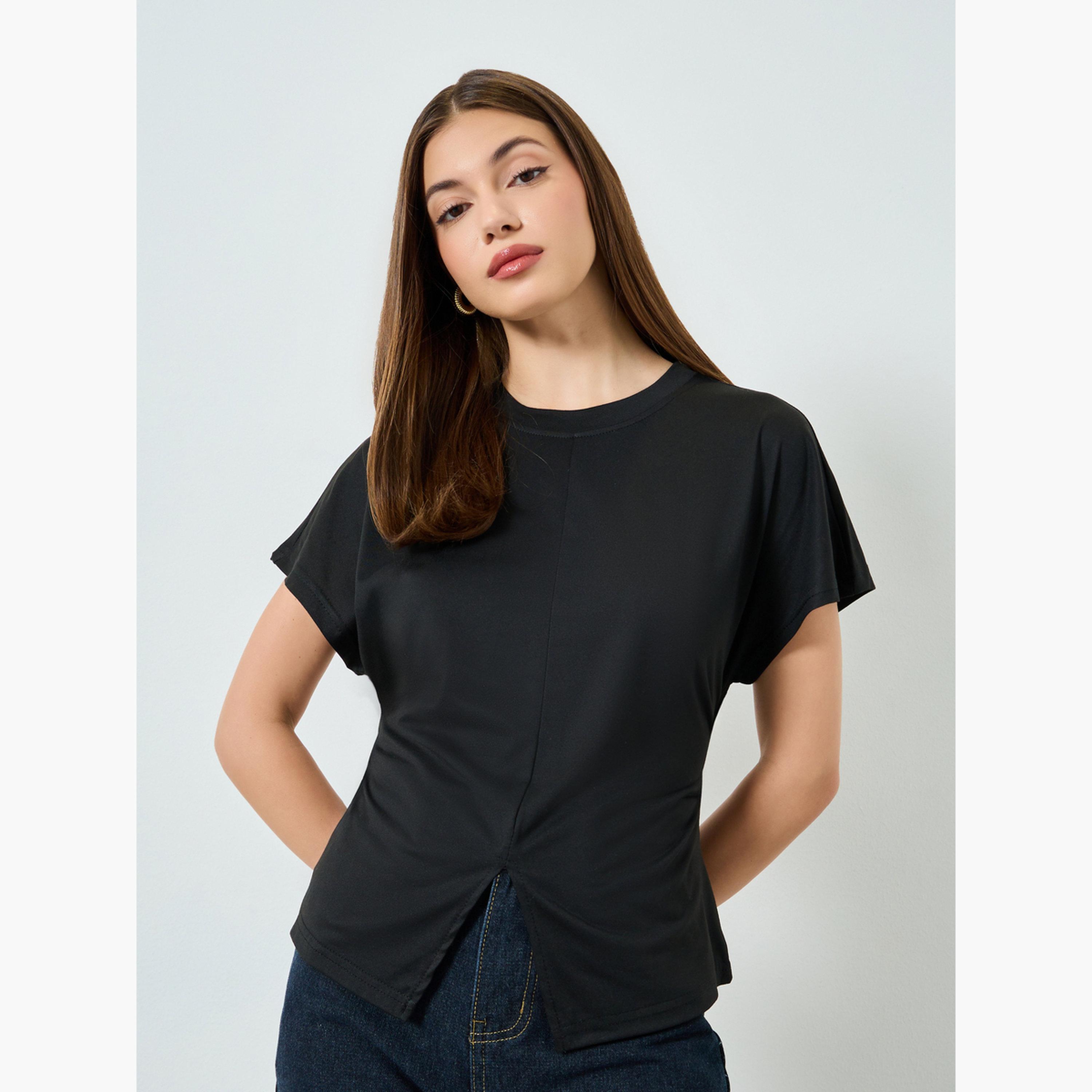 Styli Black Split Hem Round Neck T-Shirt-women-clothing-tshirts-image-1