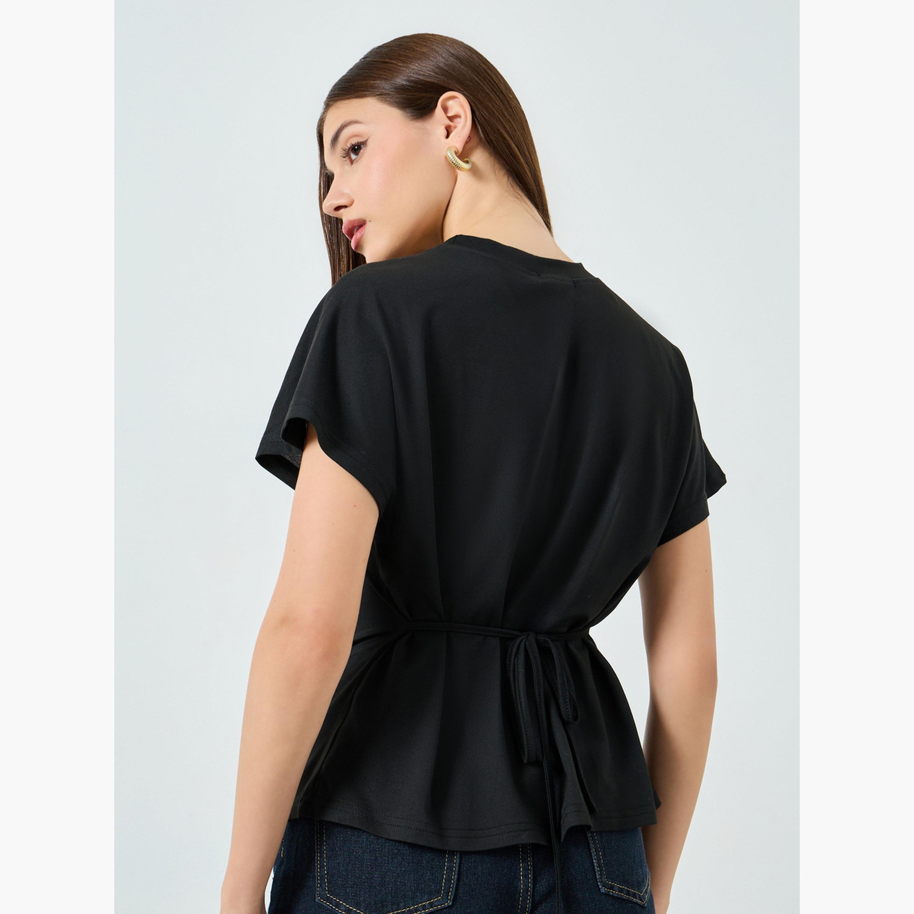 Styli Black Split Hem Round Neck T-Shirt-women-clothing-tshirts-image-5