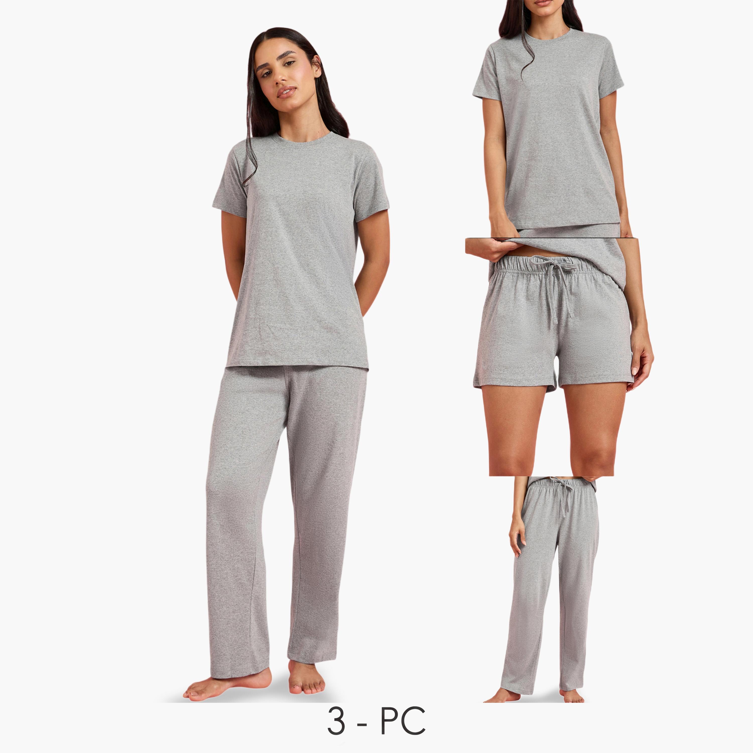 Styli Pack of 3 - Solid Short Sleeve T-Shirt, Shorts and Pyjama Set-women-clothing-nightwear-pyjamas-longsets-image-1