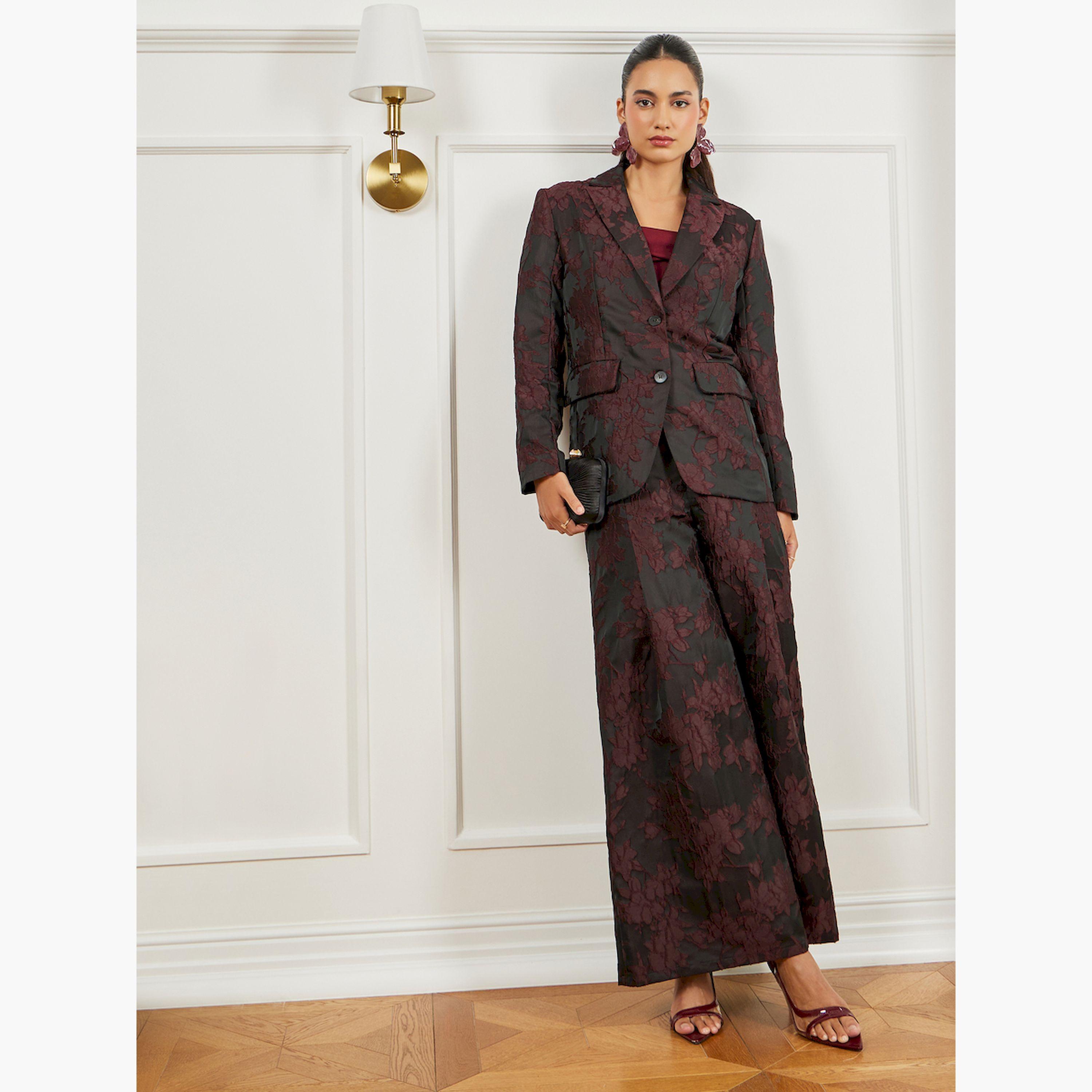 Styli Burgundy Jacquard Wide Leg Trousers-women-clothing-bottoms-trousers-image-5