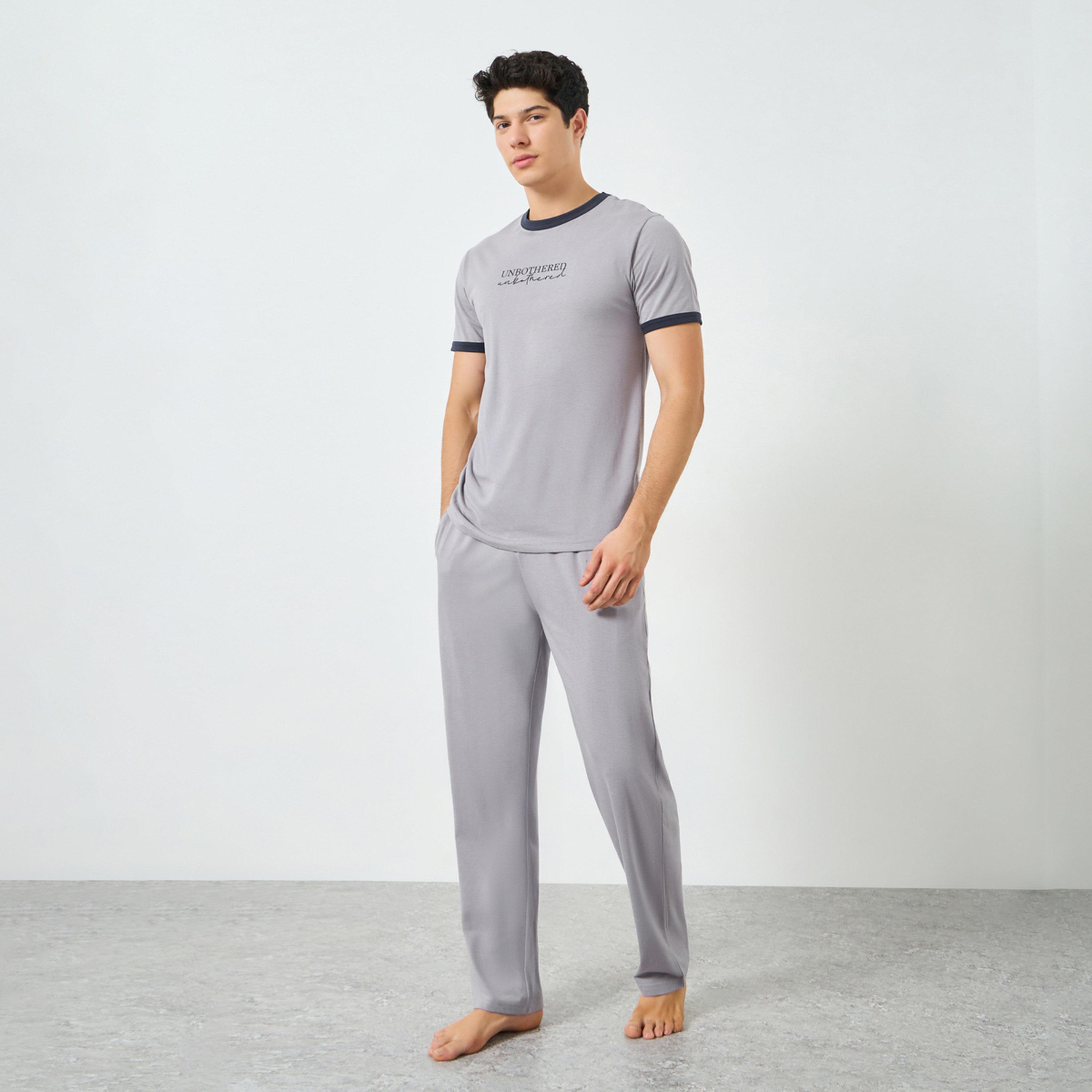 Styli Men Grey Minimal Print T-Shirt and Solid Pyjama Pants Set-men-clothing-nightwear-sets-image-1