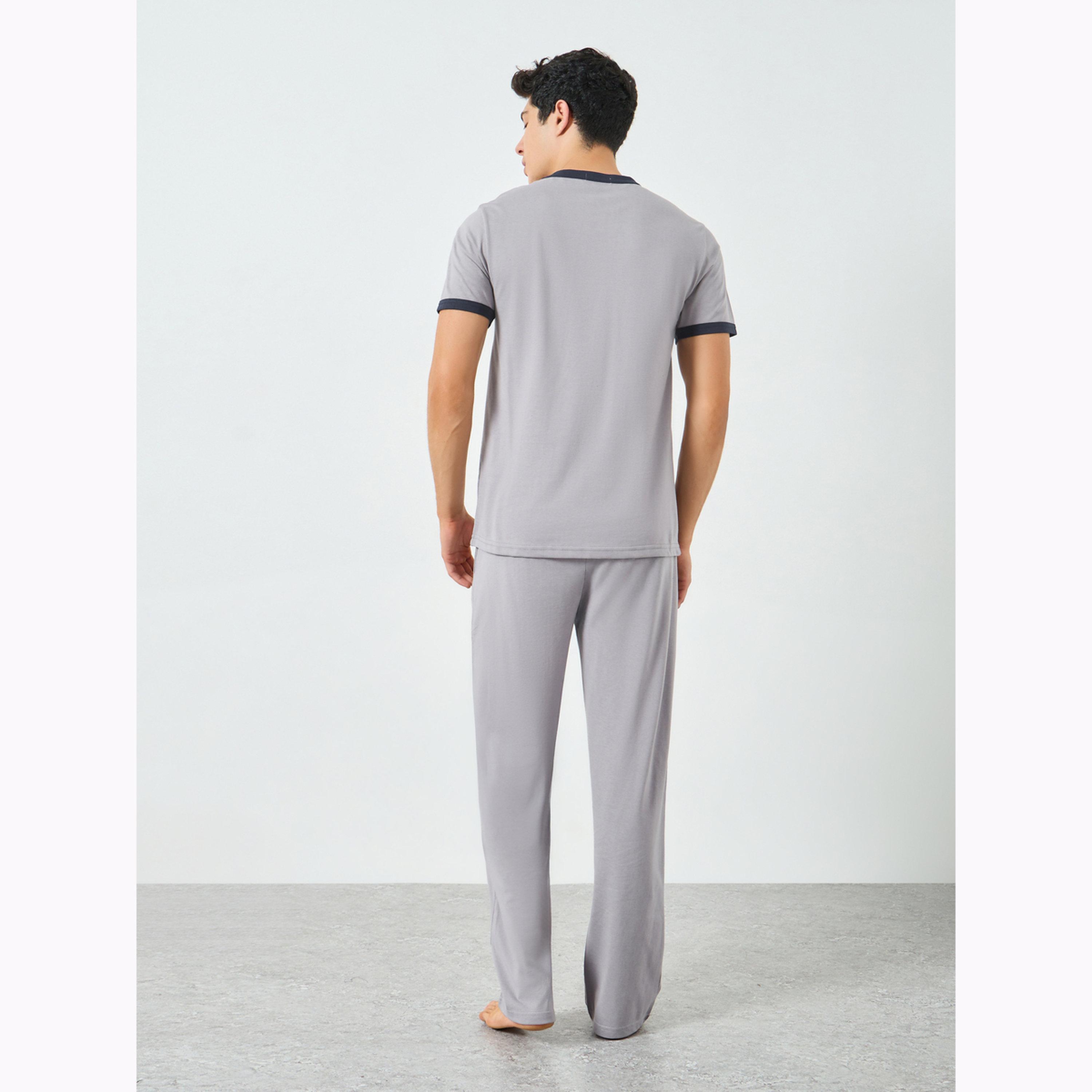 Styli Men Grey Minimal Print T-Shirt and Solid Pyjama Pants Set-men-clothing-nightwear-sets-image-4