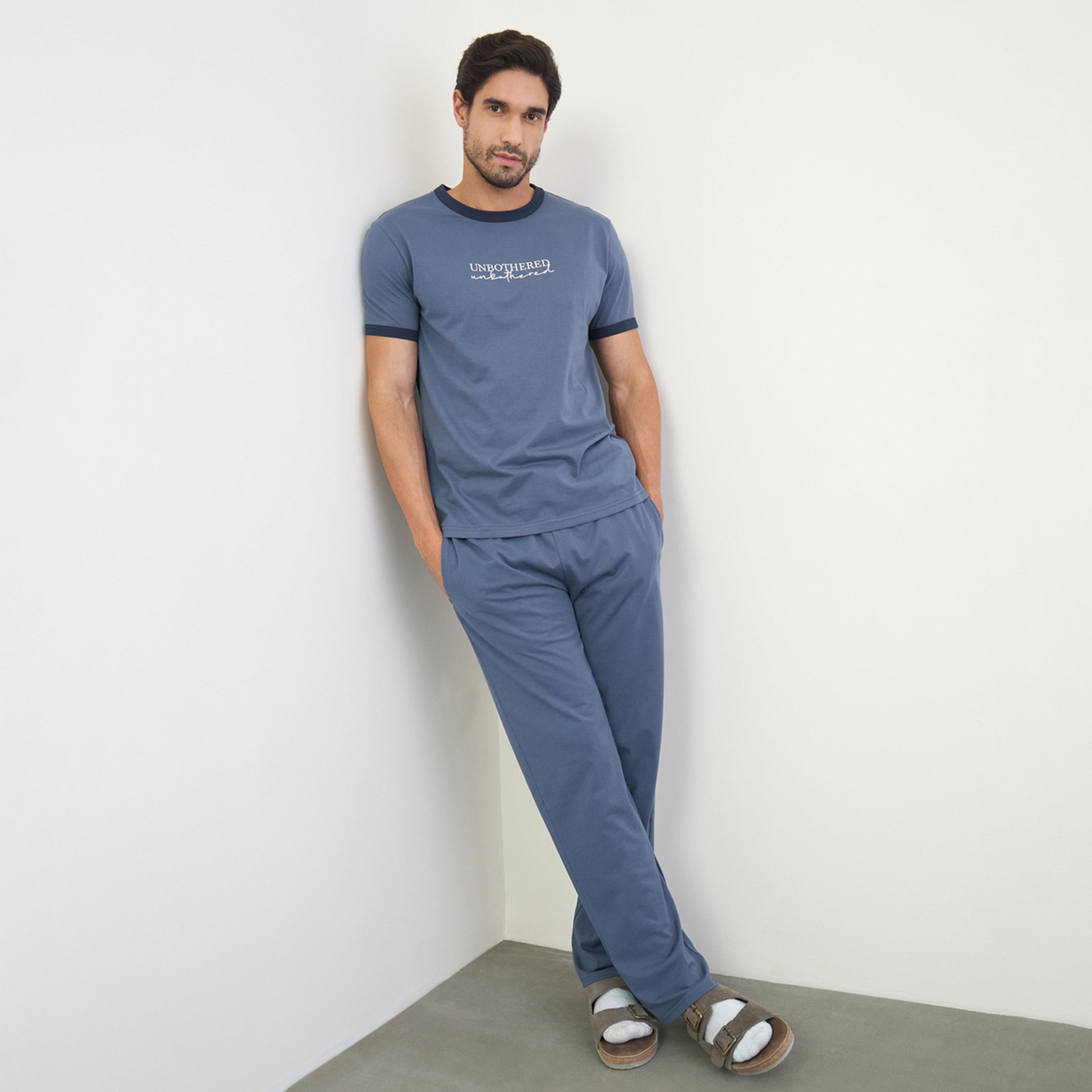 Styli Men Navy Blue Minimal Print T-Shirt and Solid Pyjama Pants Set-men-clothing-nightwear-sets-image-1