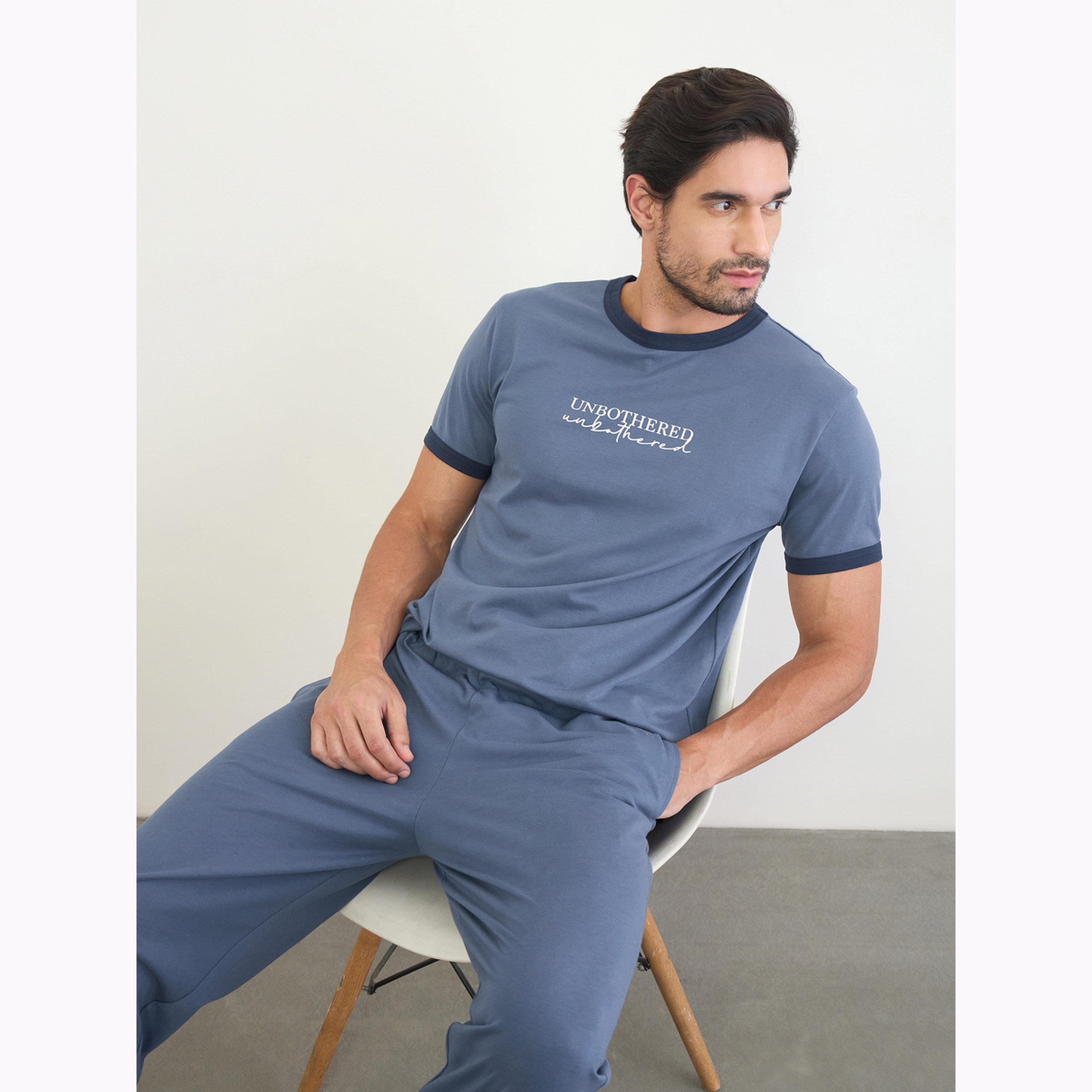 Styli Men Navy Blue Minimal Print T-Shirt and Solid Pyjama Pants Set-men-clothing-nightwear-sets-image-2