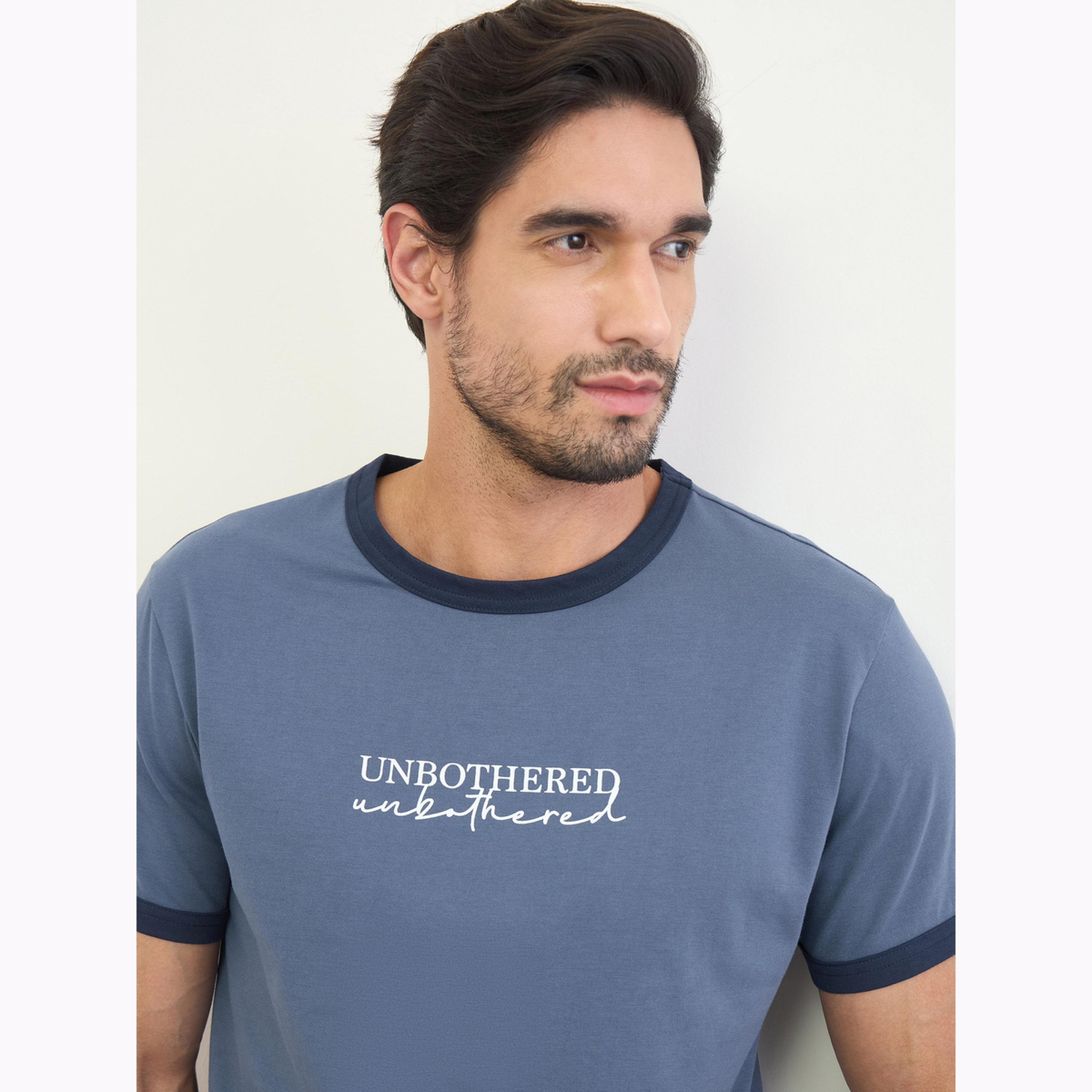 Styli Men Navy Blue Minimal Print T-Shirt and Solid Pyjama Pants Set-men-clothing-nightwear-sets-image-3