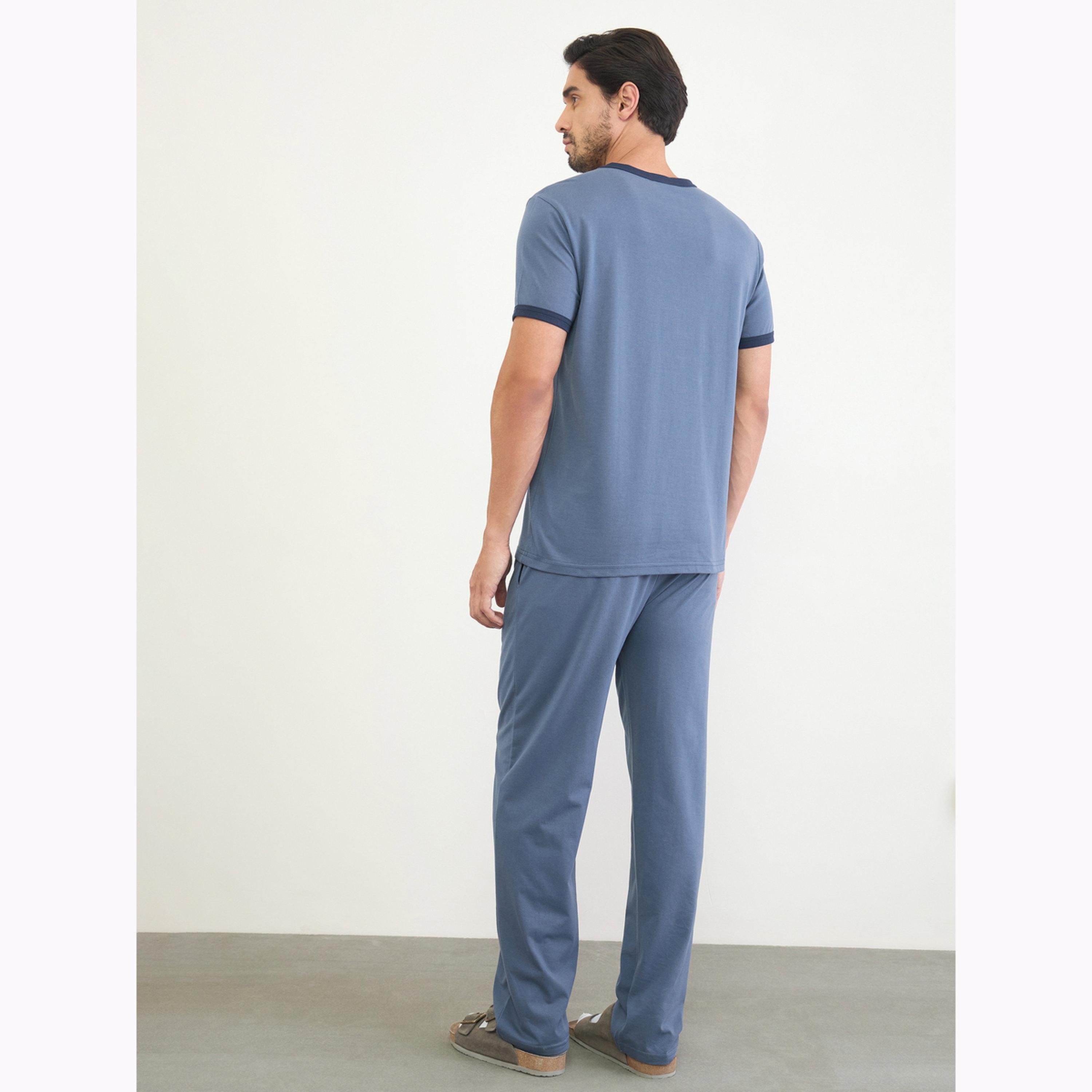 Styli Men Navy Blue Minimal Print T-Shirt and Solid Pyjama Pants Set-men-clothing-nightwear-sets-image-5
