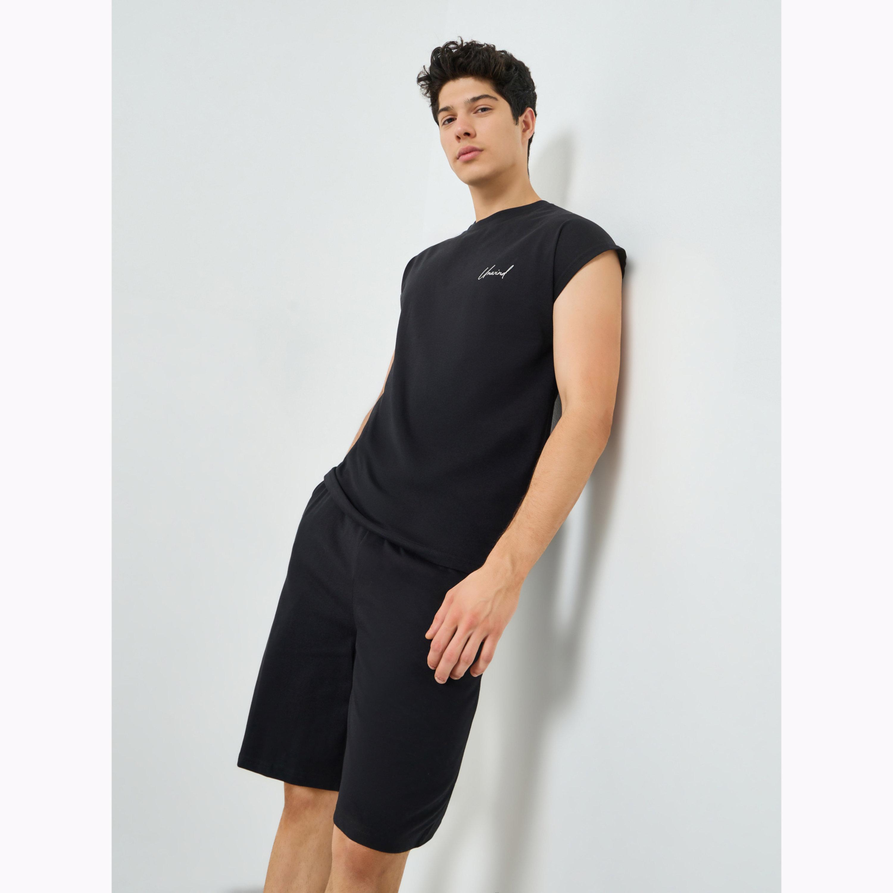 Styli Men Black Embroidered Detail Cap Sleeve Vest and Shorts Set-men-clothing-nightwear-sets-image-1