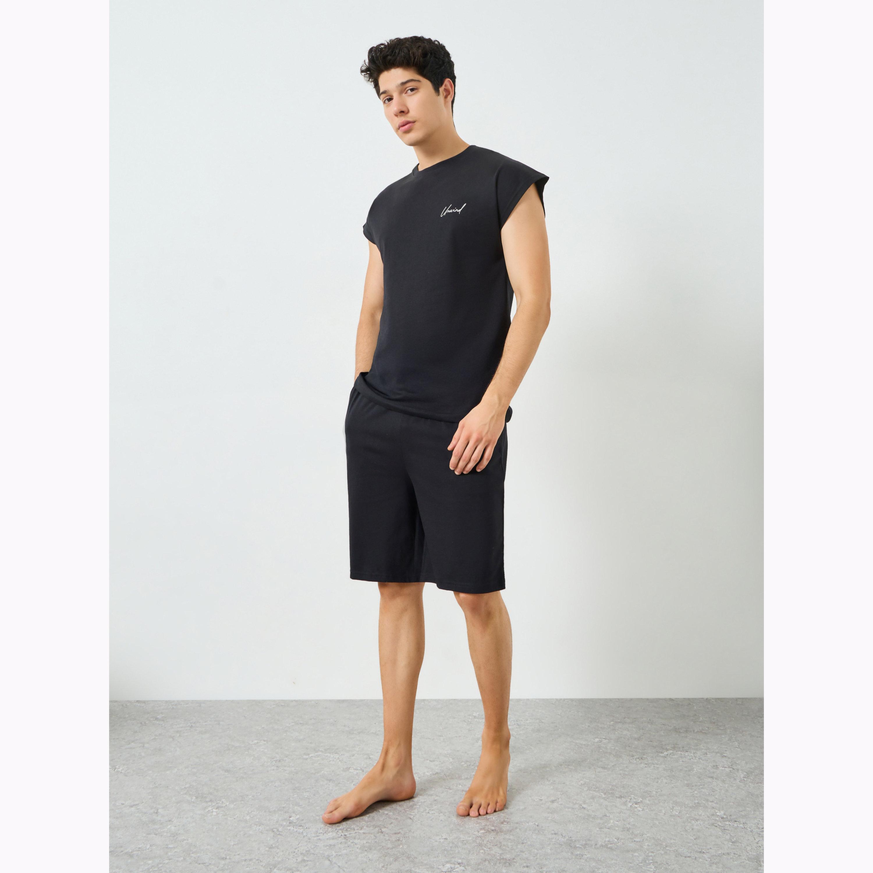 Styli Men Black Embroidered Detail Cap Sleeve Vest and Shorts Set-men-clothing-nightwear-sets-image-2