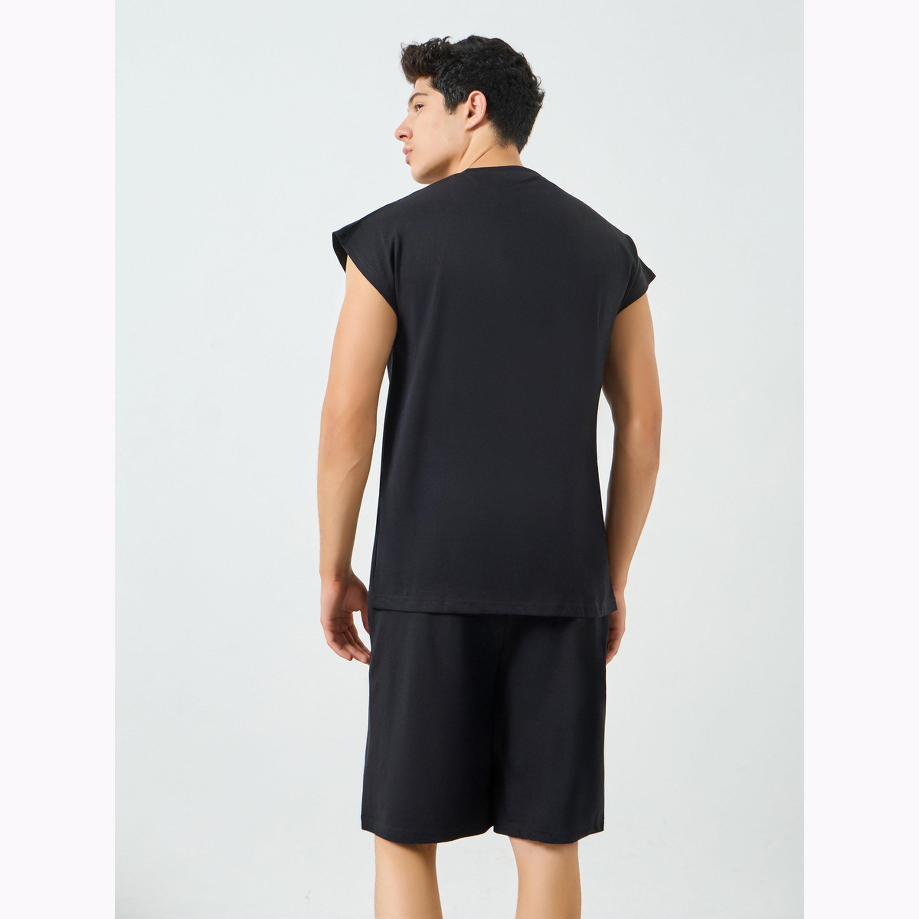 Styli Men Black Embroidered Detail Cap Sleeve Vest and Shorts Set-men-clothing-nightwear-sets-image-3