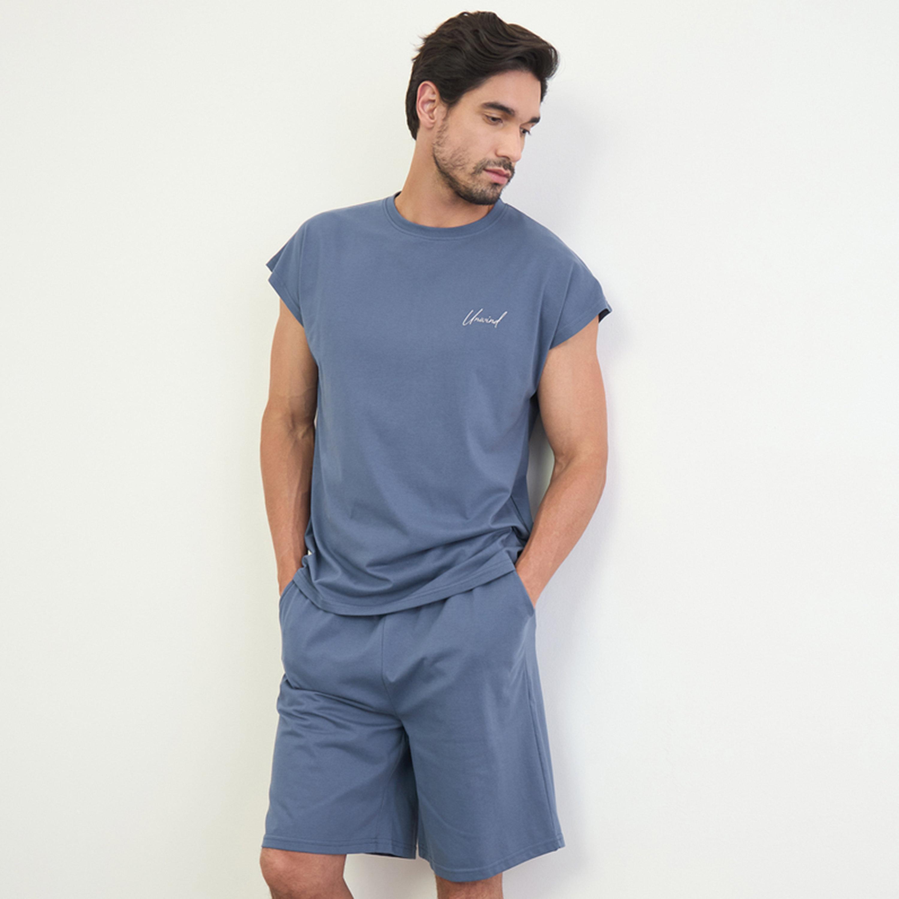 Styli Men Blue Embroidered Detail Cap Sleeve Vest and Shorts Set-men-clothing-nightwear-sets-image-1