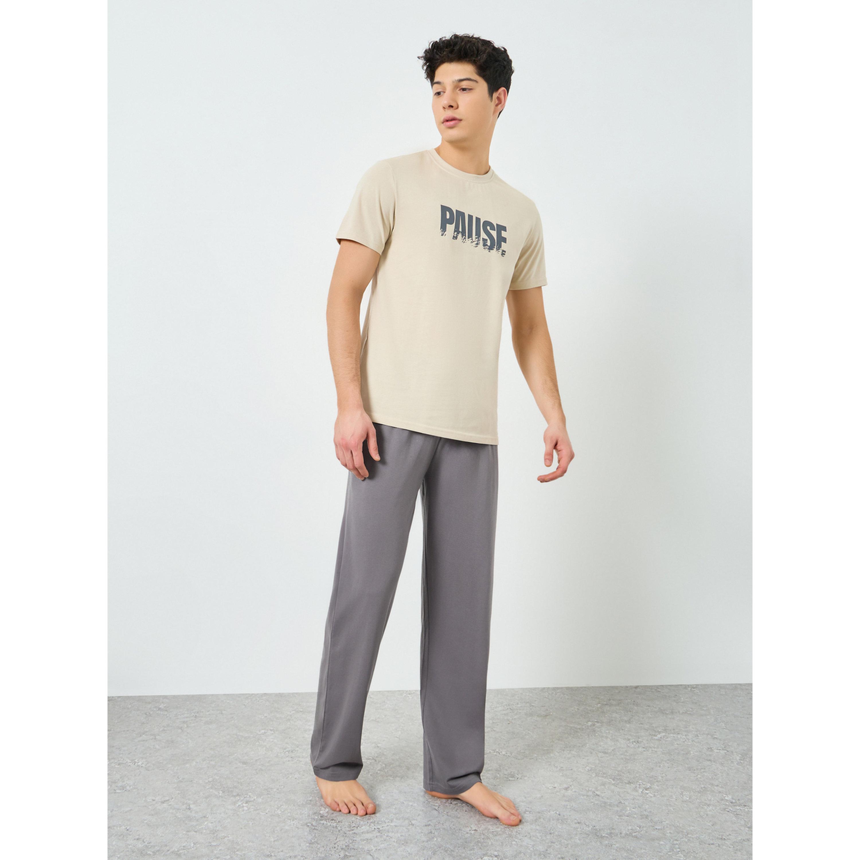 Styli Men Beige Graphic Print T-Shirt and Pyjama Set-men-clothing-nightwear-sets-image-1