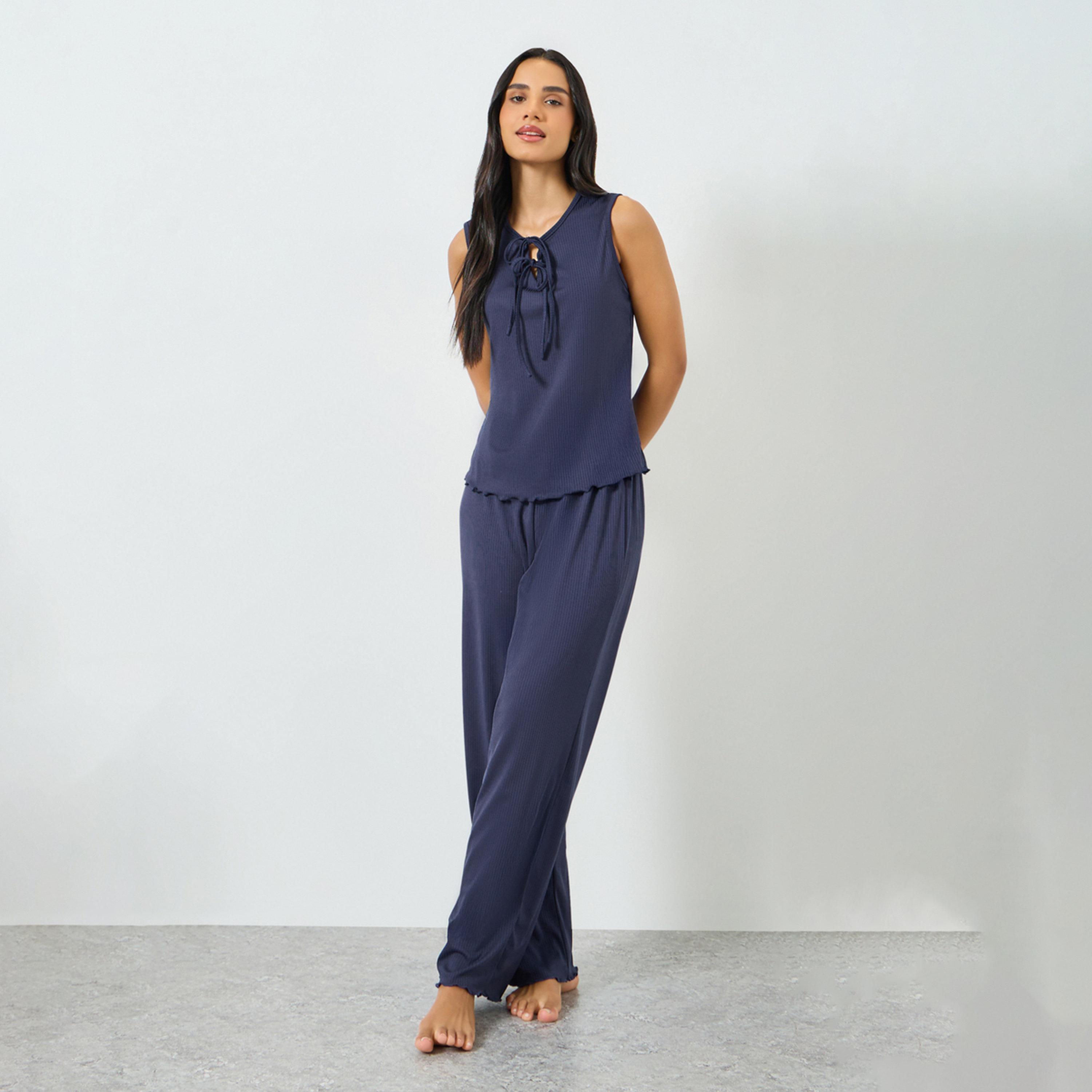 Styli Navy Blue Textured Rib Tie-Front Tank and Wide Leg Pyjama Set-women-clothing-nightwear-pyjamas-longsets-image-1