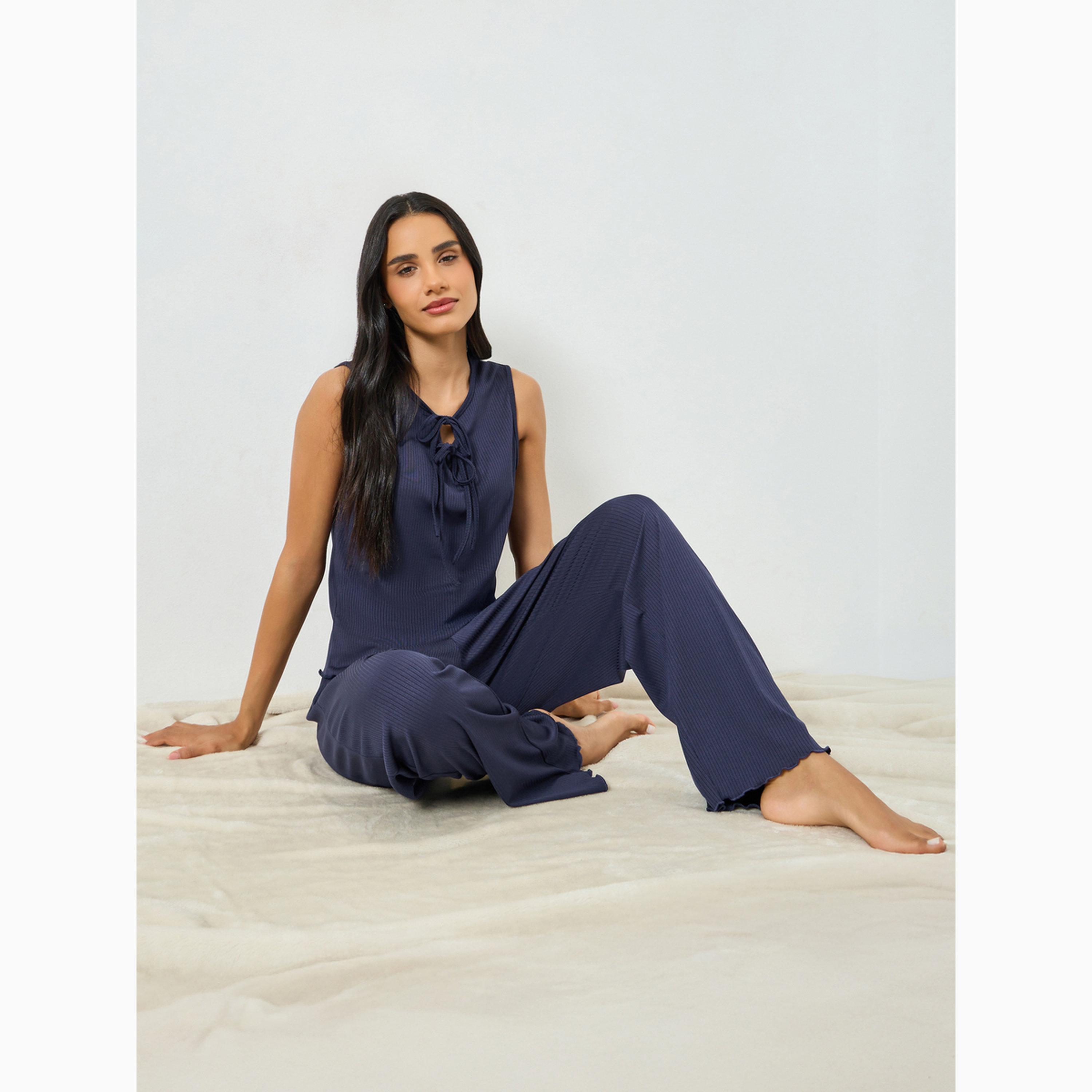 Styli Navy Blue Textured Rib Tie-Front Tank and Wide Leg Pyjama Set-women-clothing-nightwear-pyjamas-longsets-image-2