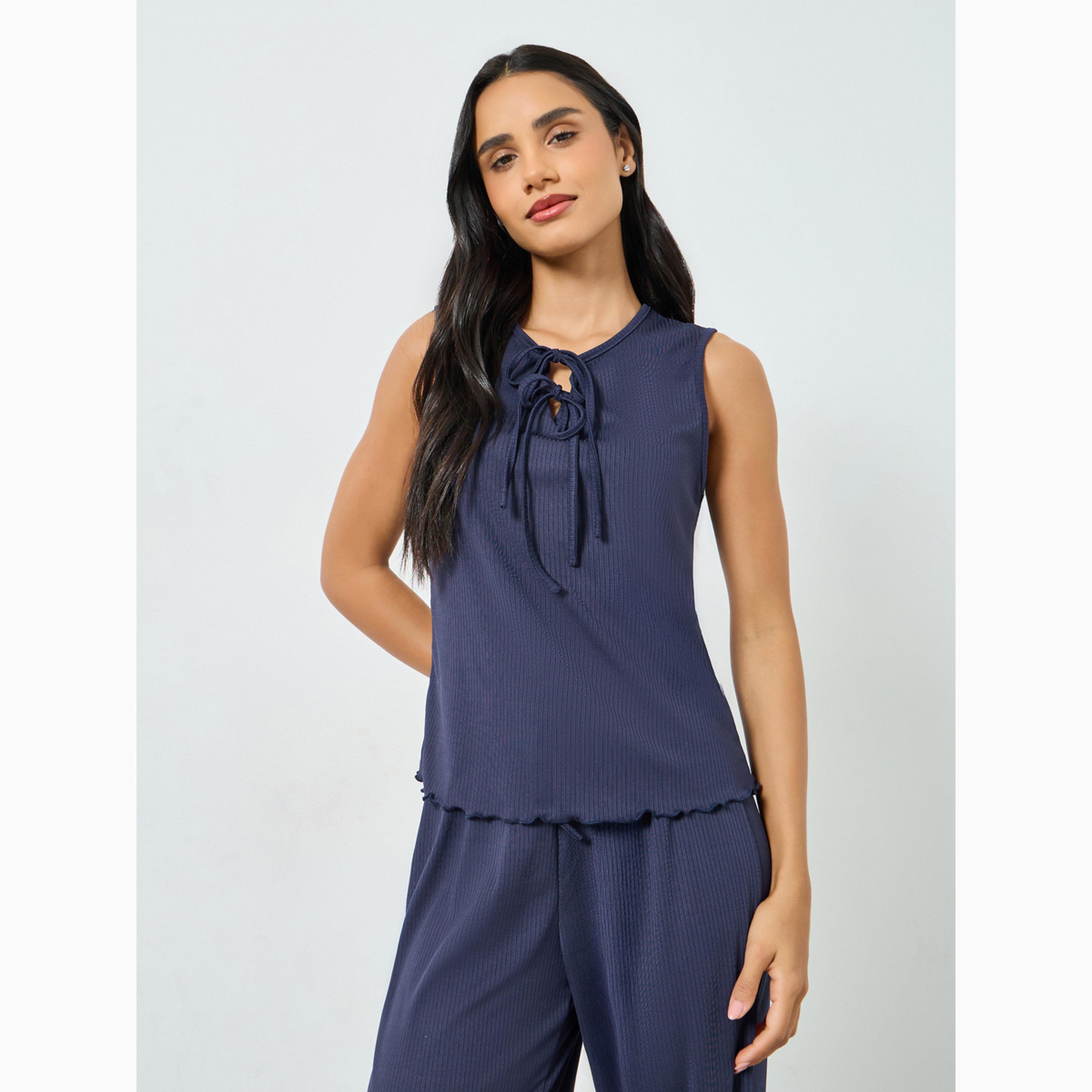 Styli Navy Blue Textured Rib Tie-Front Tank and Wide Leg Pyjama Set-women-clothing-nightwear-pyjamas-longsets-image-3