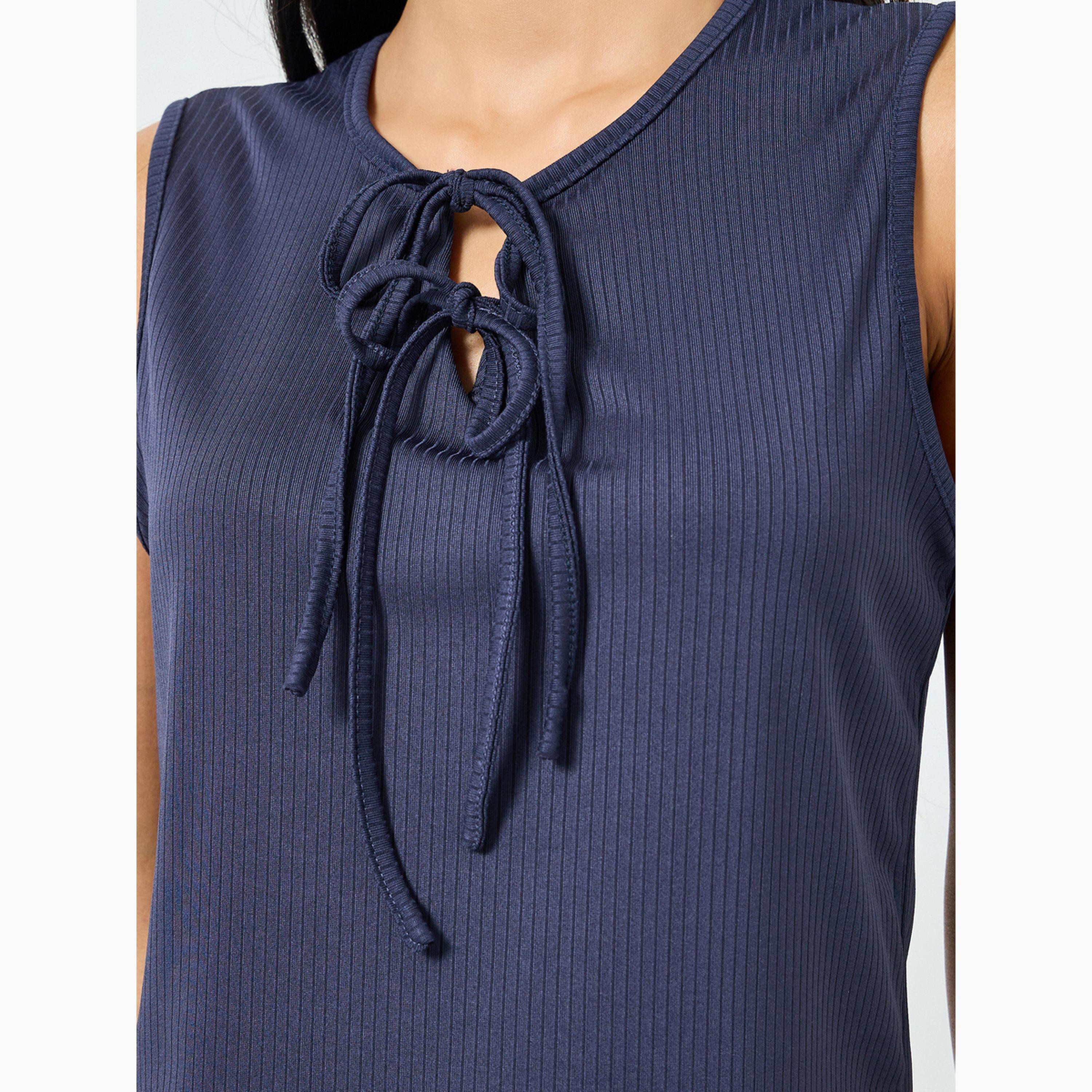 Styli Navy Blue Textured Rib Tie-Front Tank and Wide Leg Pyjama Set-women-clothing-nightwear-pyjamas-longsets-image-4