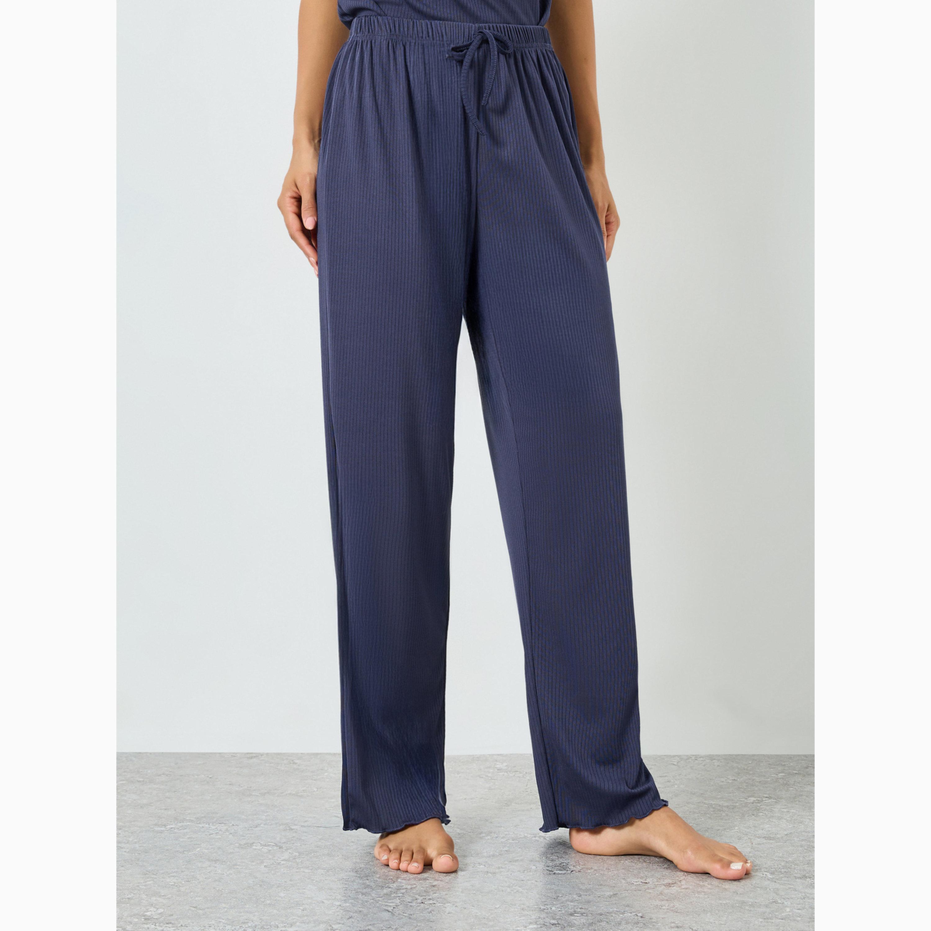 Styli Navy Blue Textured Rib Tie-Front Tank and Wide Leg Pyjama Set-women-clothing-nightwear-pyjamas-longsets-image-5