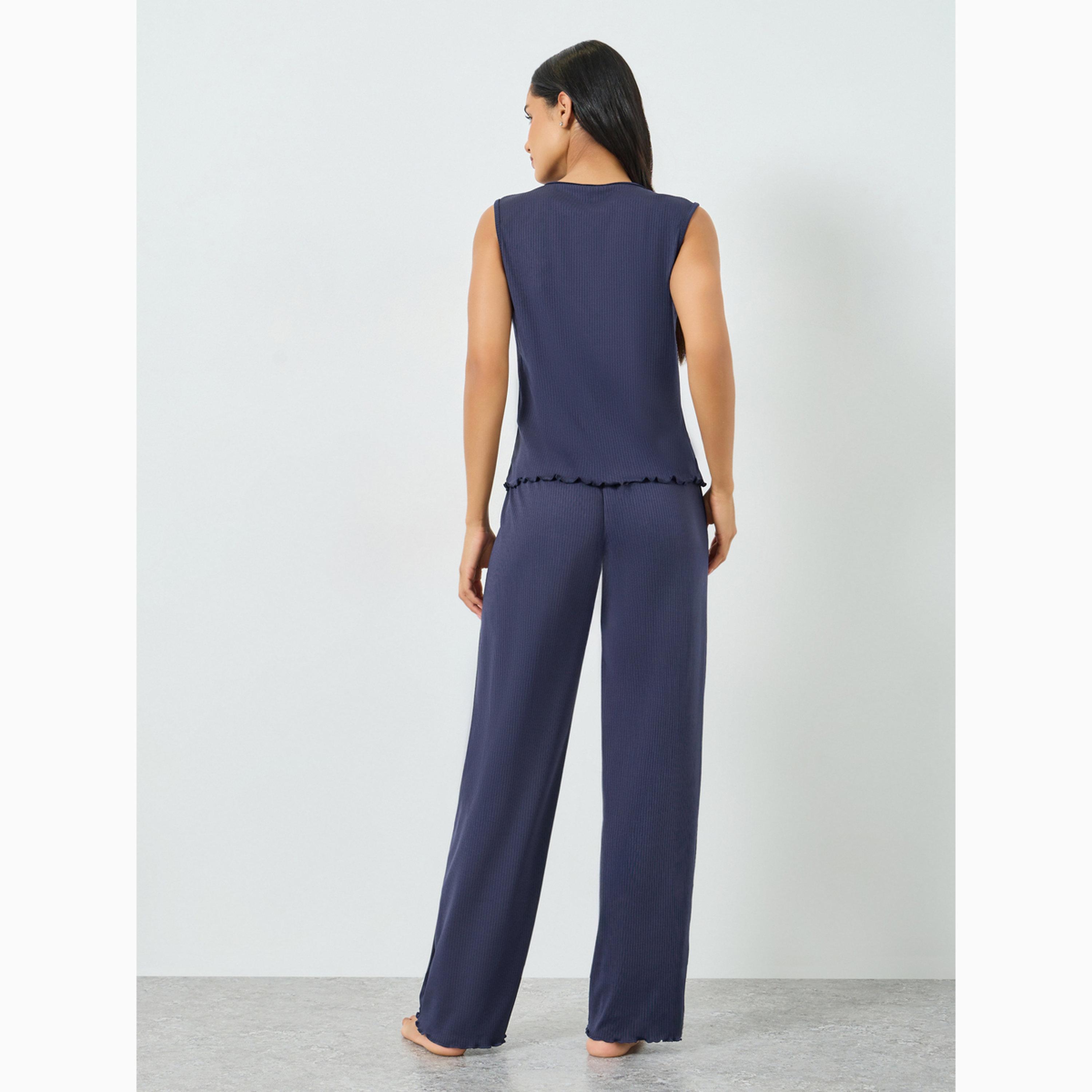 Styli Navy Blue Textured Rib Tie-Front Tank and Wide Leg Pyjama Set-women-clothing-nightwear-pyjamas-longsets-image-6