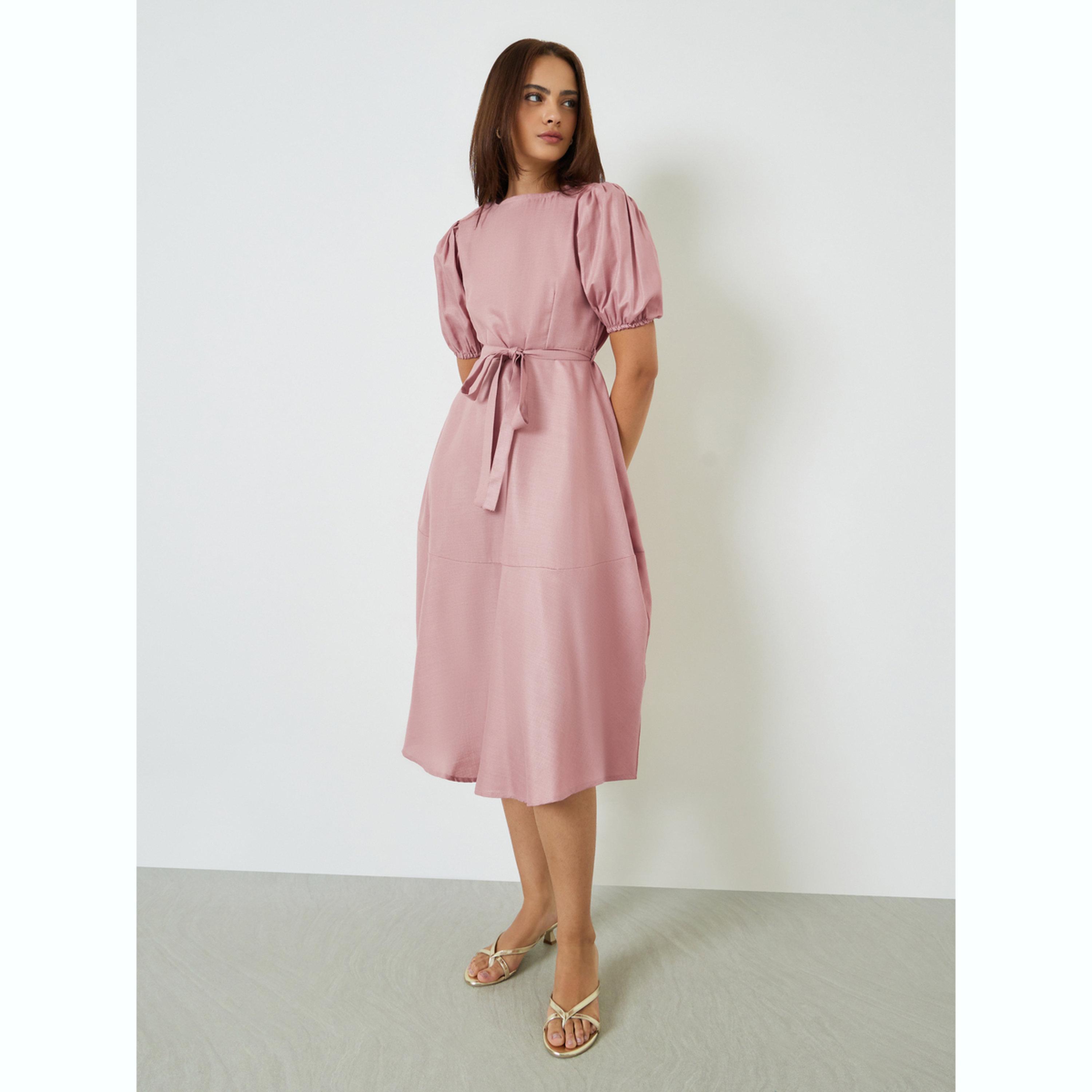 Styli Pink A-Line Midi Dress with Puff Sleeves-women-clothing-dresses-image-1