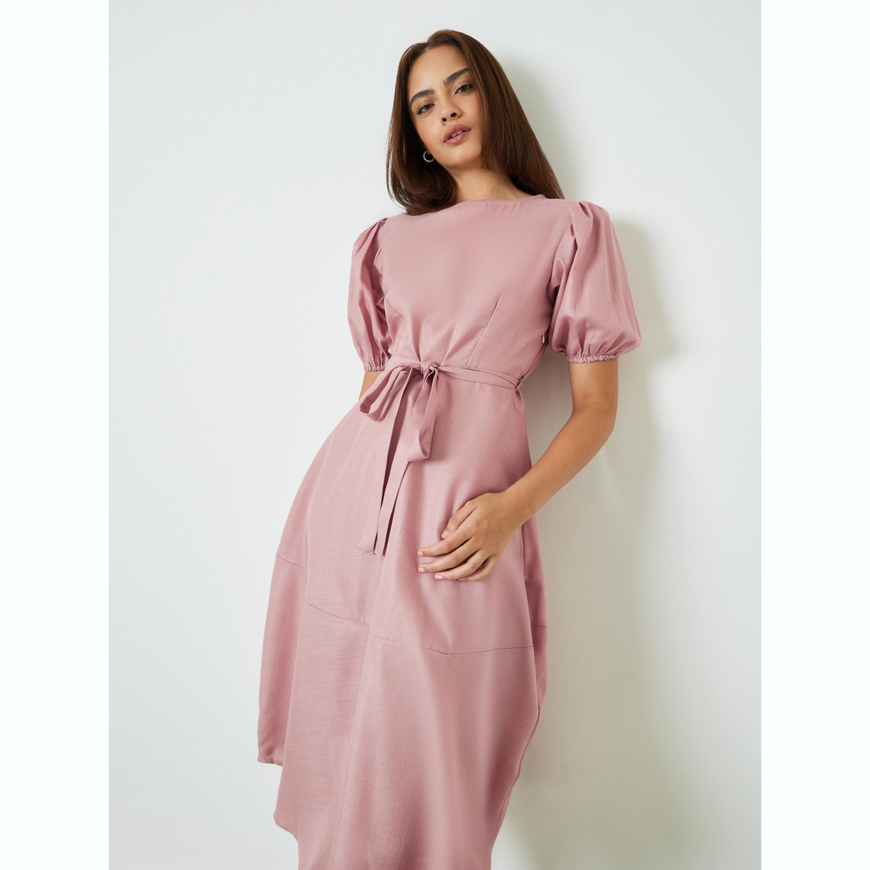 فستان ميدي وردي بحافة واسعة واكمام منفوخة-women-clothing-dresses-image-2
