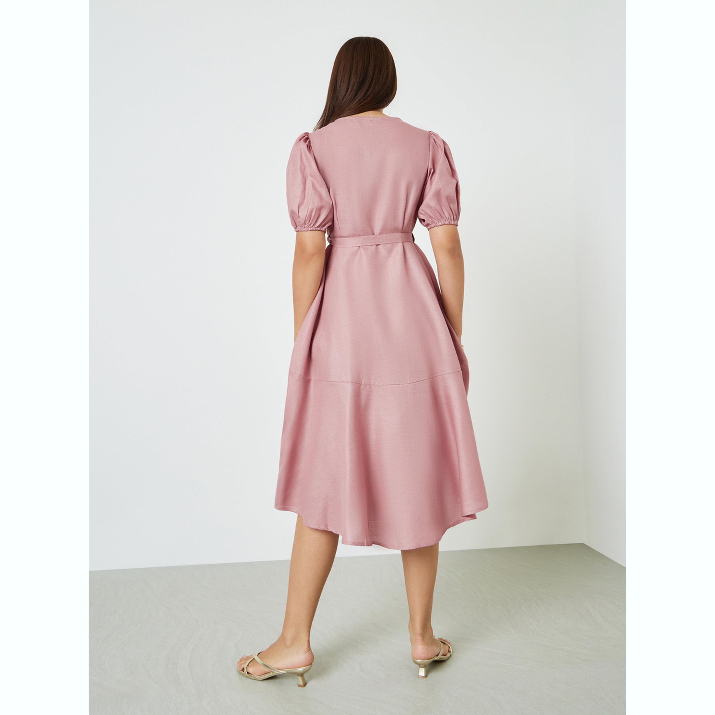 Styli Pink A-Line Midi Dress with Puff Sleeves-women-clothing-dresses-image-3