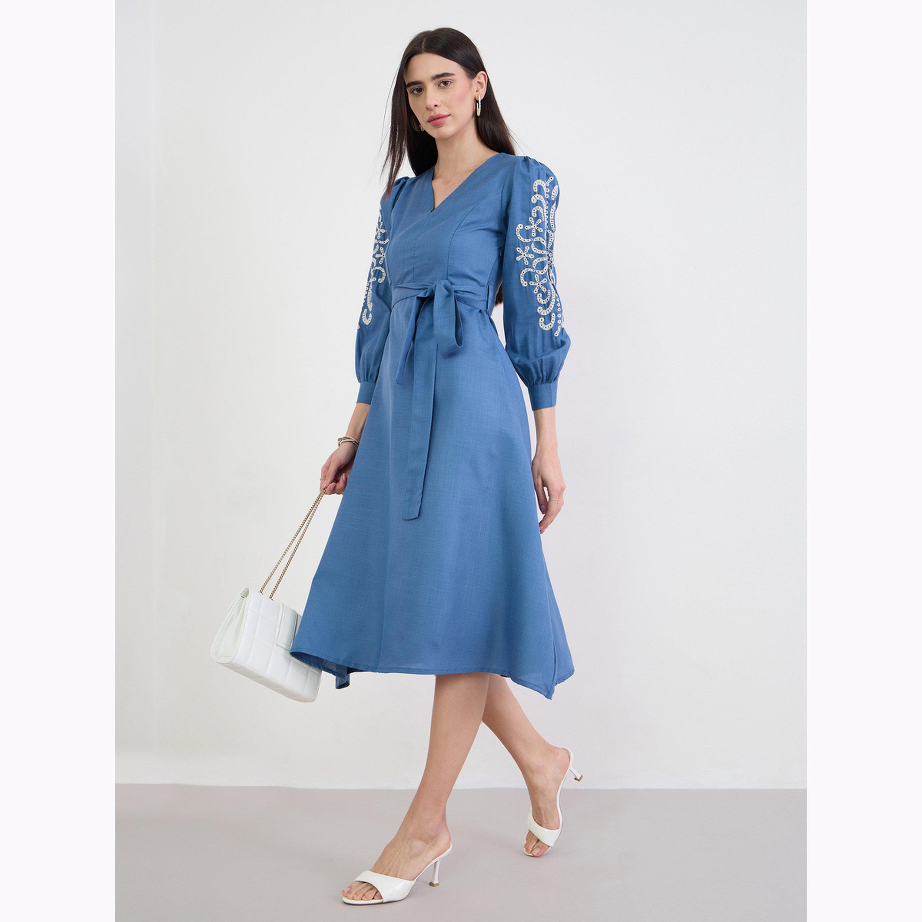 Styli Blue Embroidered Sleeves A-Line Midi Dress-women-clothing-dresses-image-3