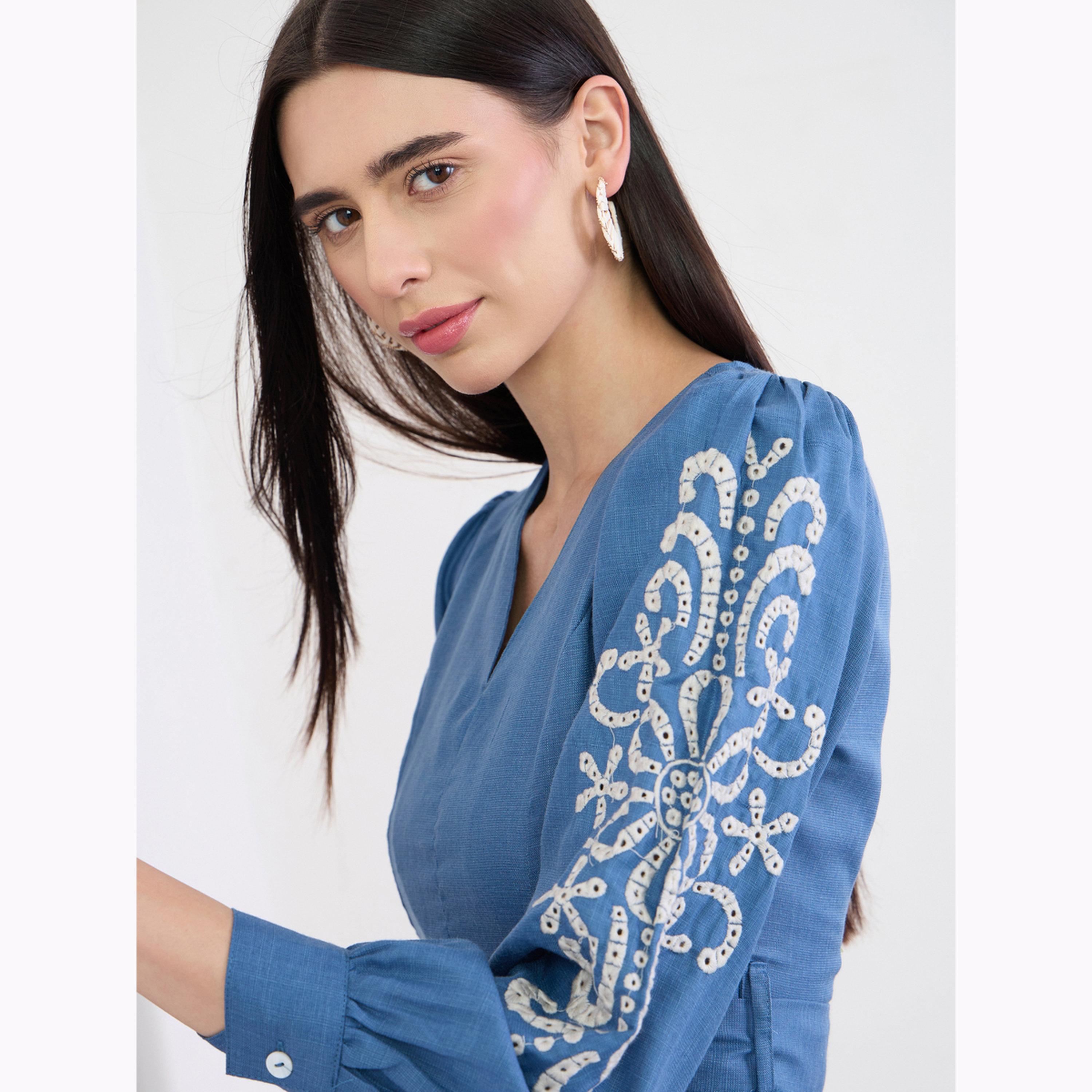 Styli Blue Embroidered Sleeves A-Line Midi Dress-women-clothing-dresses-image-4
