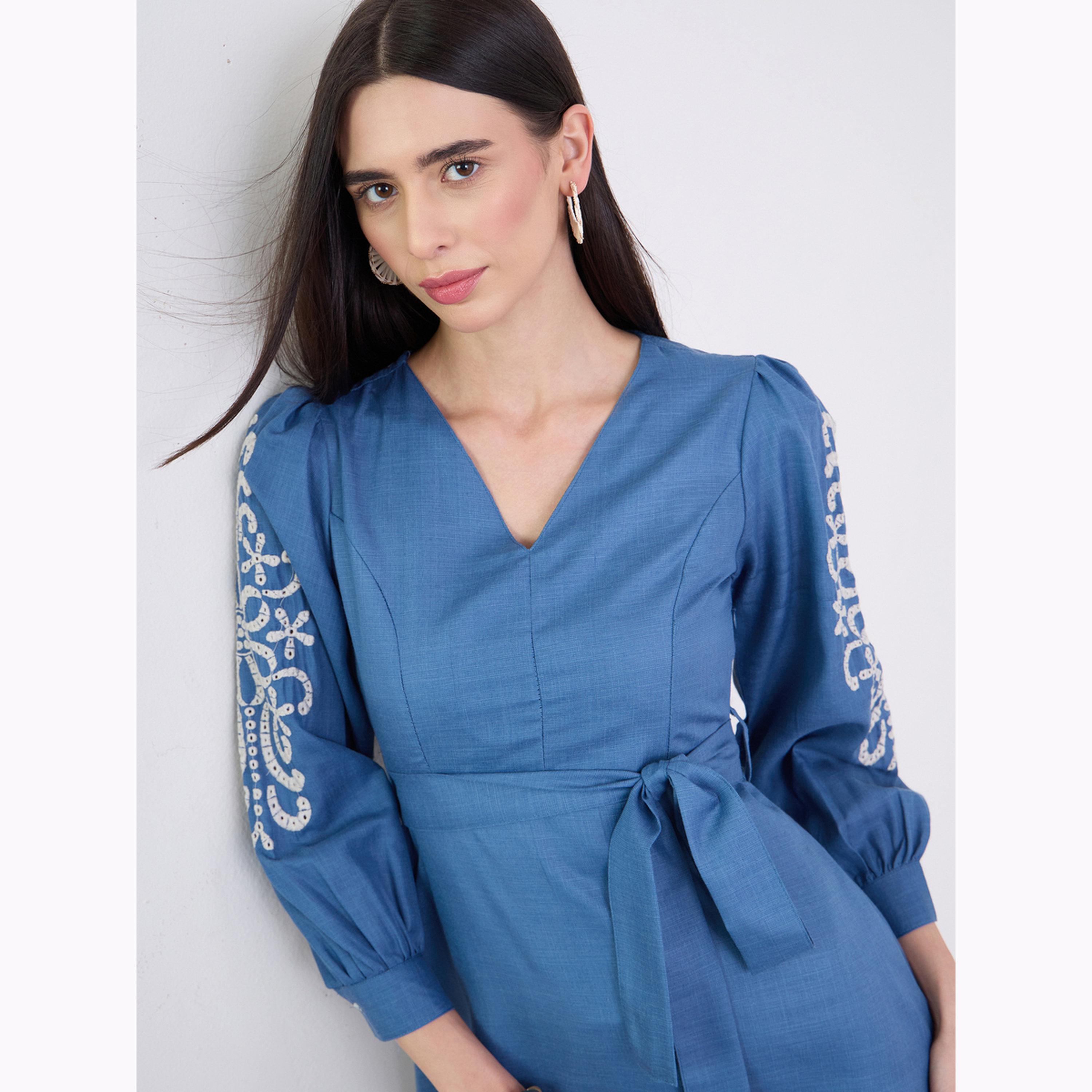 Styli Blue Embroidered Sleeves A-Line Midi Dress-women-clothing-dresses-image-5